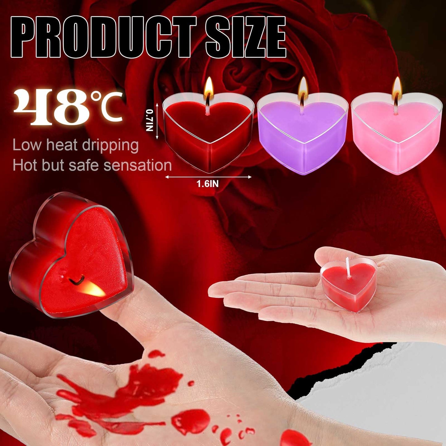 Tisancy 6 Pcs Low Temperature Candles, Romantic Valentine's Day Gifts Candles, Body Safe Wax Low Heat Dripping Play Smokeless Unscented Tea Lights for Valentine's Day (Mixing Colors, Heart)