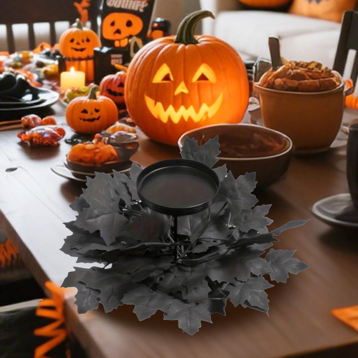Mini Halloween Wreaths with Plastic Candle Holder, 5.5" Artificial Black Maple Leaves Candle Wreath Floral Twig Candleholder Wreath for Table Centerpieces Decorations