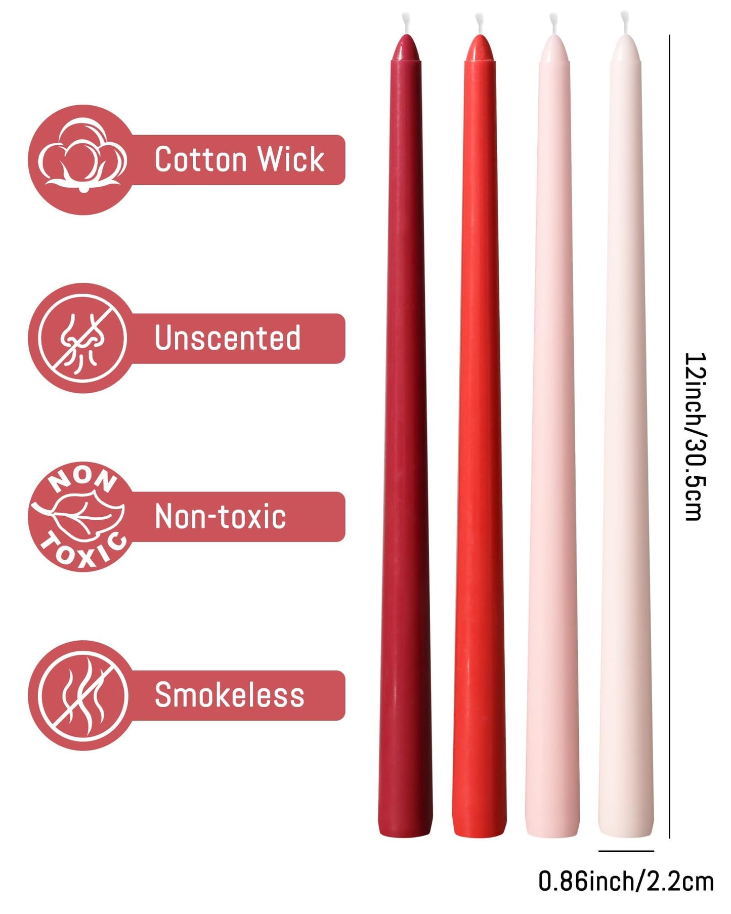 Viyffo 12 Inch Red Taper Candles 4 Pack Unscented Smokeless Long Tall Tapered Candles for Candlesticks Sticks Wedding Home Decor Dinner