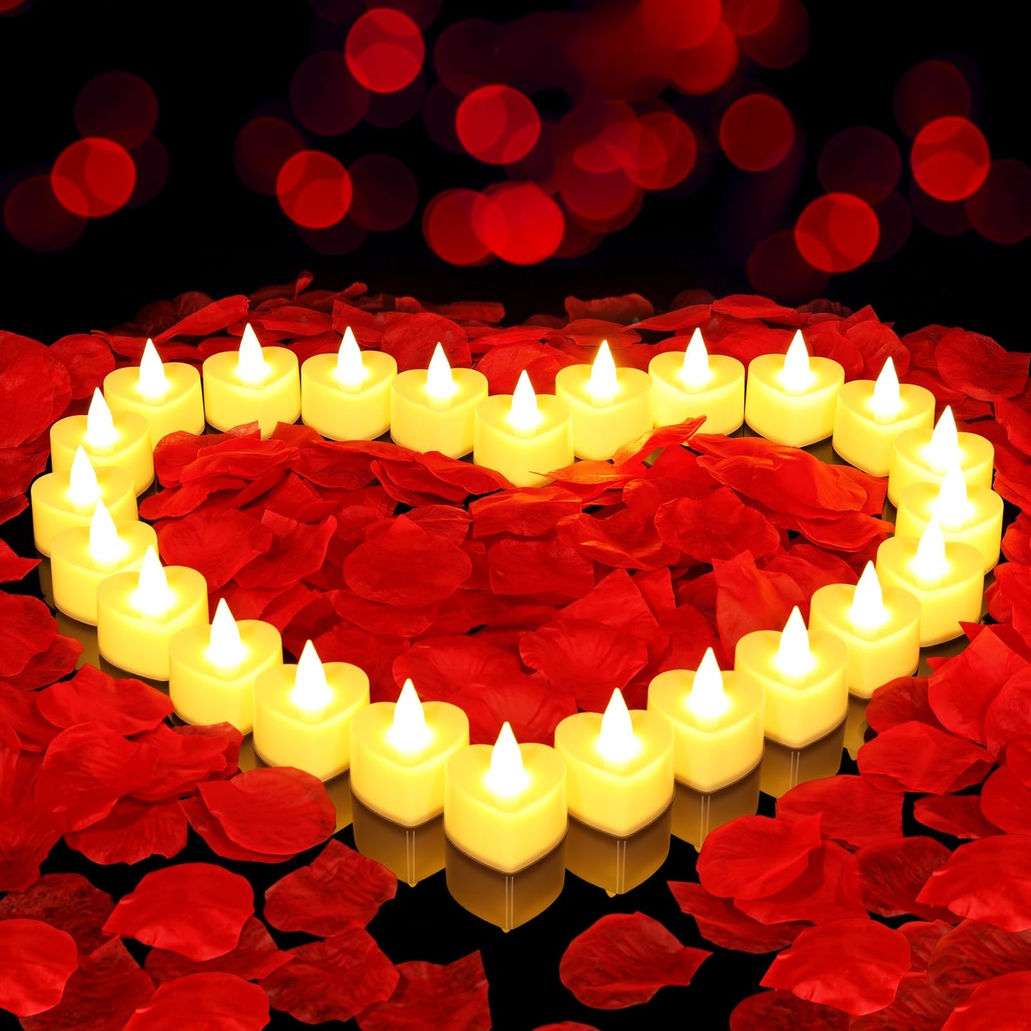 gobutend 2000 Pcs Artificial Rose Petals with 24 Pcs Romantic Flameless Candles, LED Heart Tea Lights Battery Operated for Romantic Night Wedding Anniversary Table Party Decoration