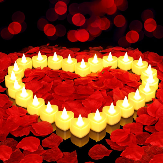 gobutend 2000 Pcs Artificial Rose Petals with 24 Pcs Romantic Flameless Candles, LED Heart Tea Lights Battery Operated for Romantic Night Wedding Anniversary Table Party Decoration