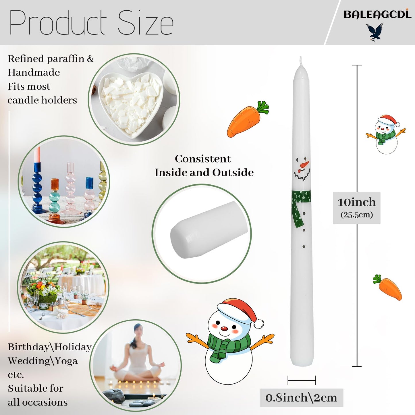 Baleagcdl Print Taper Candle Snowman Decorative Unscented Candlesticks Handmade 10 Inch Drip Long Tapered Candles for Christmas Home Holiday Decor Gifts - Set of 2