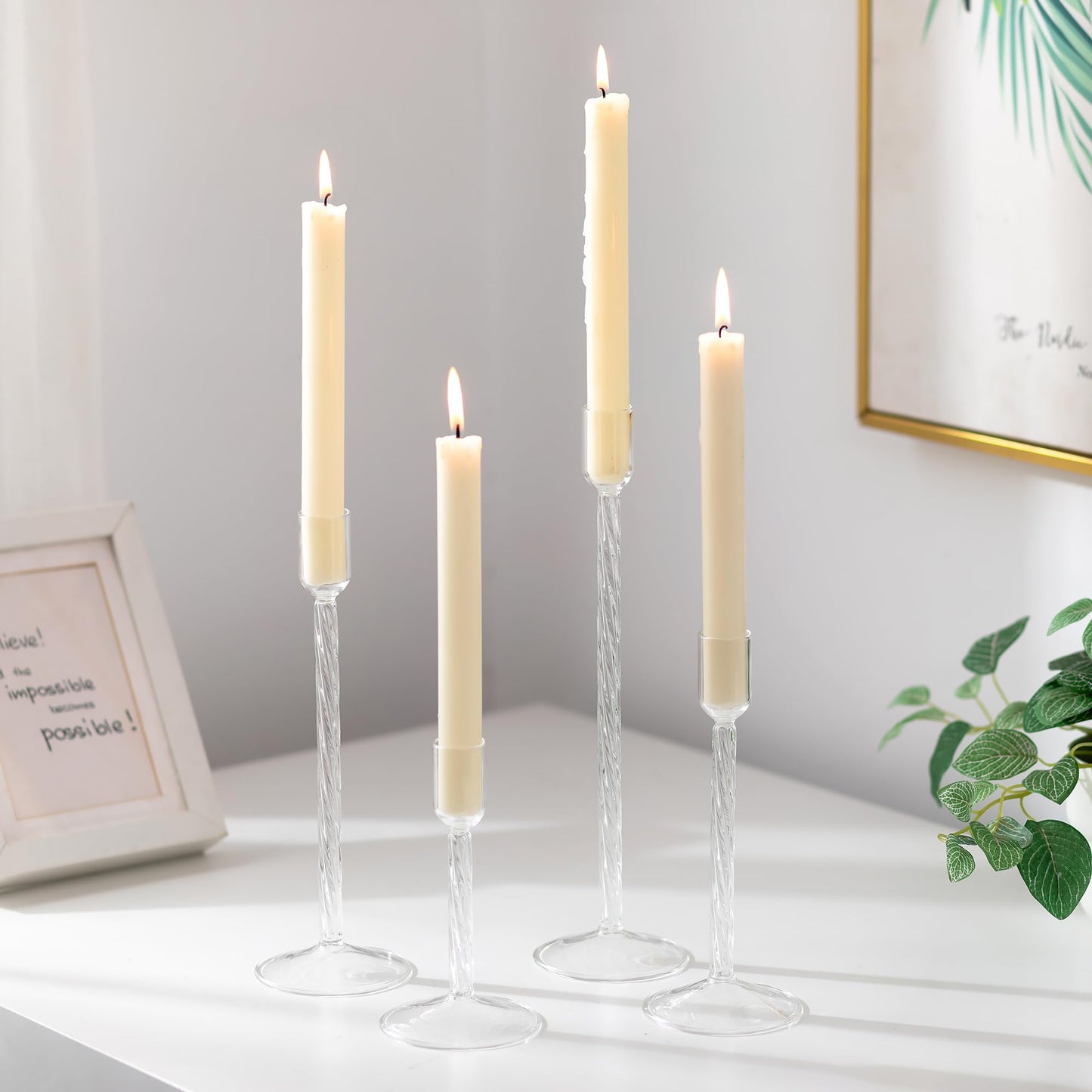 Glasseam Glass Candlestick Holders Clear: Taper Candle Holders Set of 4 Tall Candle Stick Candle Holder for Tapered Candles Decorative Candle Holders for Table Centerpiece Wedding Christmas Home Decor