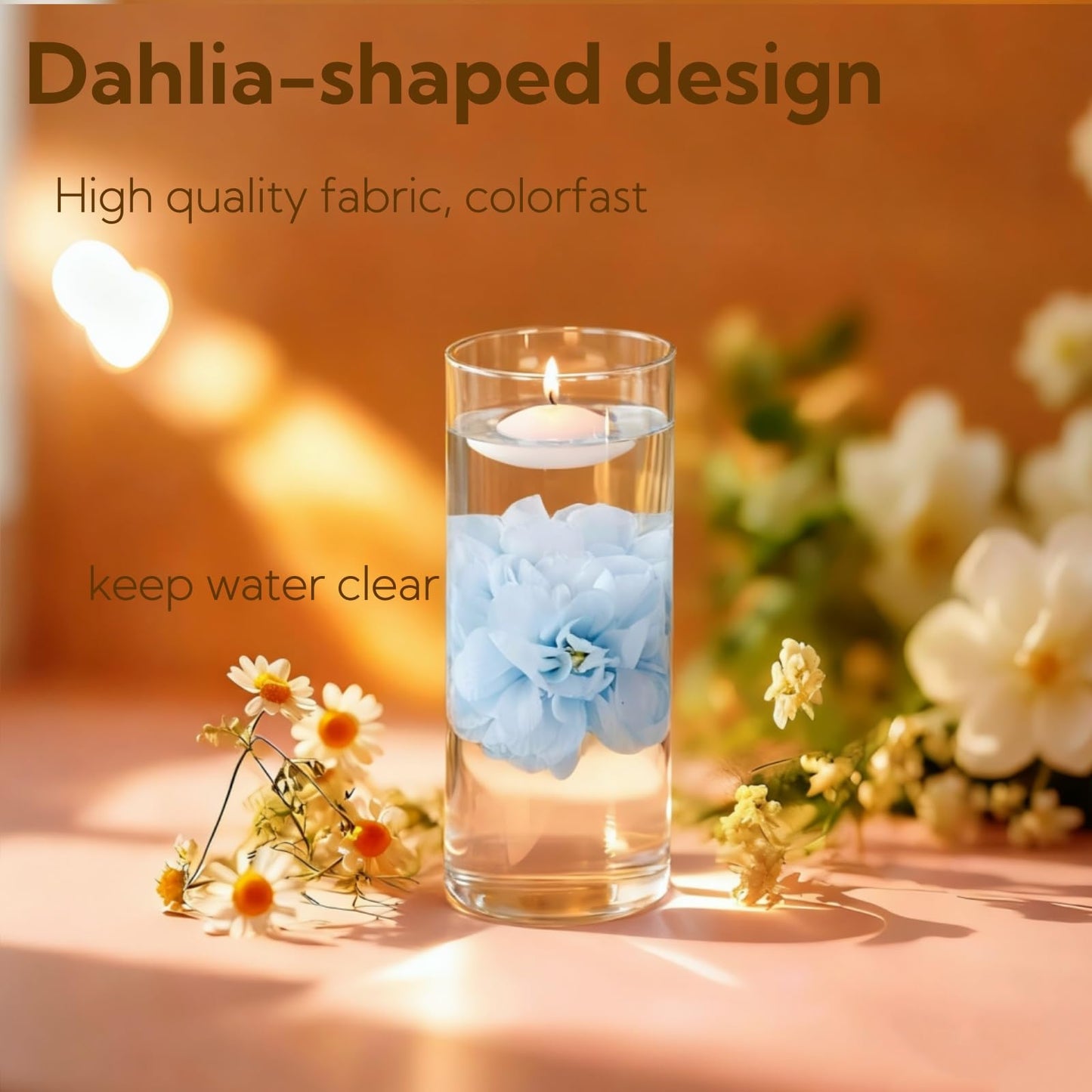 UDU 24 Pcs Floating Candles for Centerpieces and Floating Flowers for Centerpieces Artificial Flower Head for Home Birthday Wedding Party Table Decor Blue