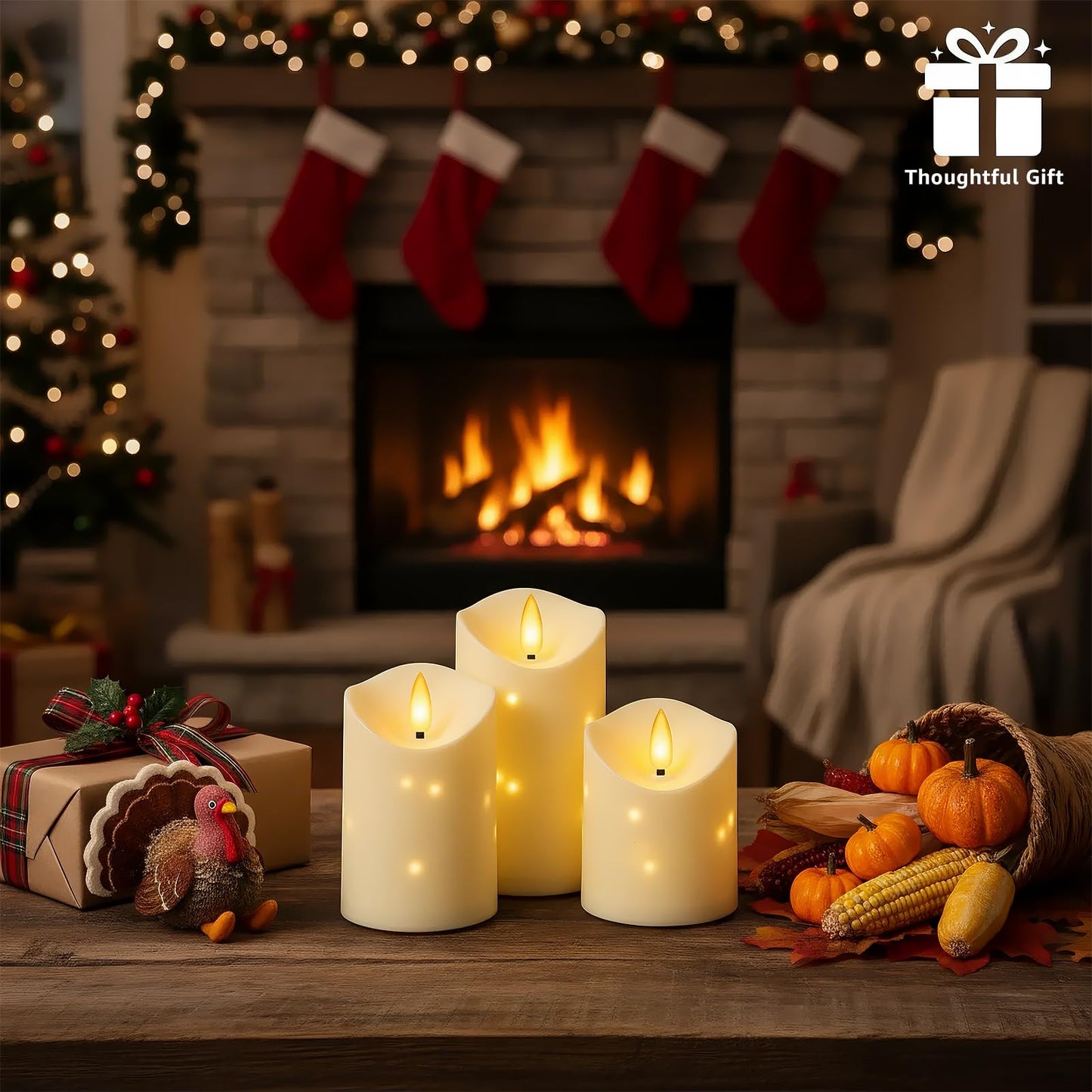 uuffoo Flameless Candles with Timer 3Pc Battery Operated Flickering Pillar Candle w/Remote, 3D Wick Acrylic LED Pillar Candles for Halloween Christmas Home Decoration (Ivory)