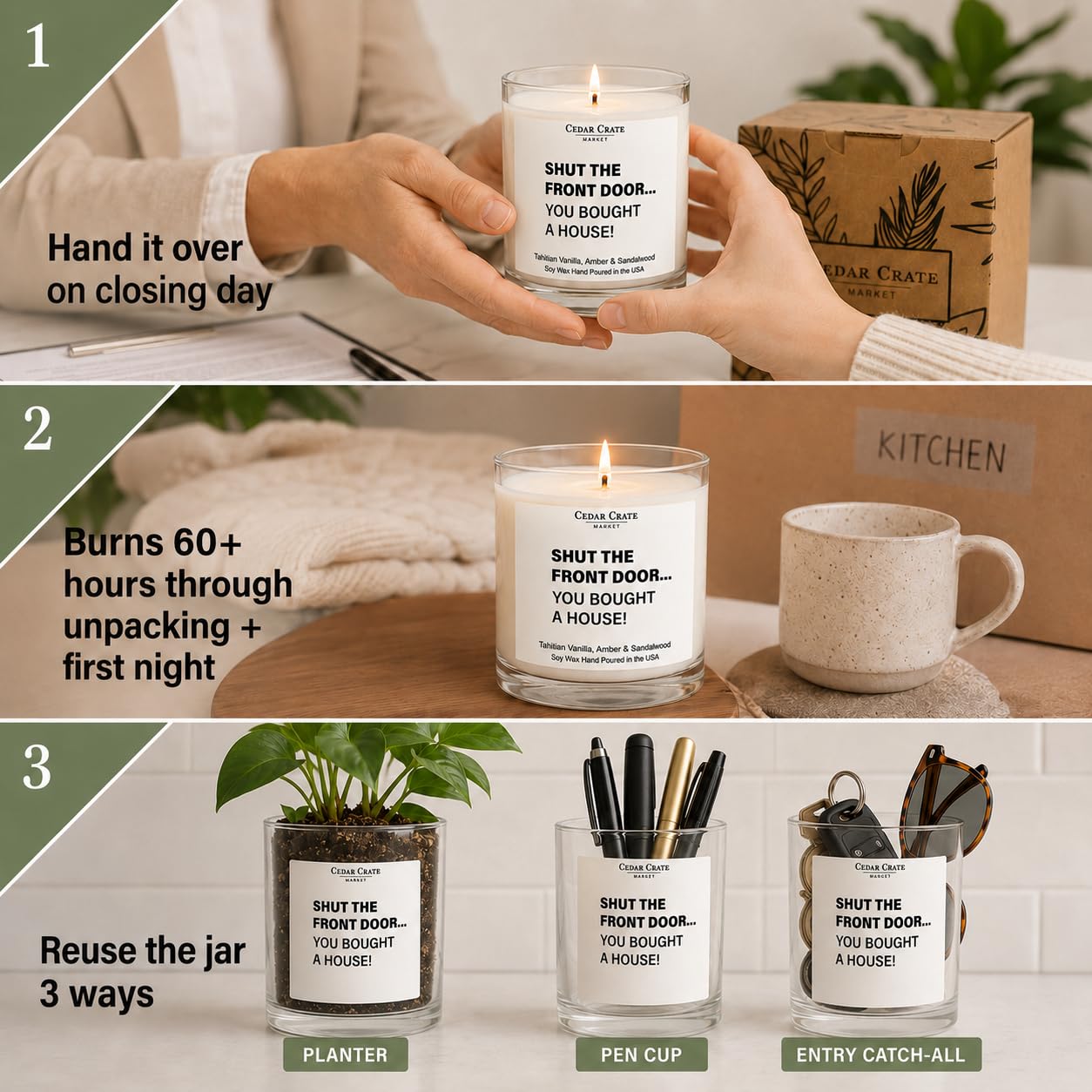 Cedar Crate Market House Warming Gift New Home 2026-13.5oz Soy Candle, Amber Vanilla Sandalwood Scent - Housewarming Gifts for Women, Men, Couple, Friends, Neighbors - USA Made, 60+ Hour Burn
