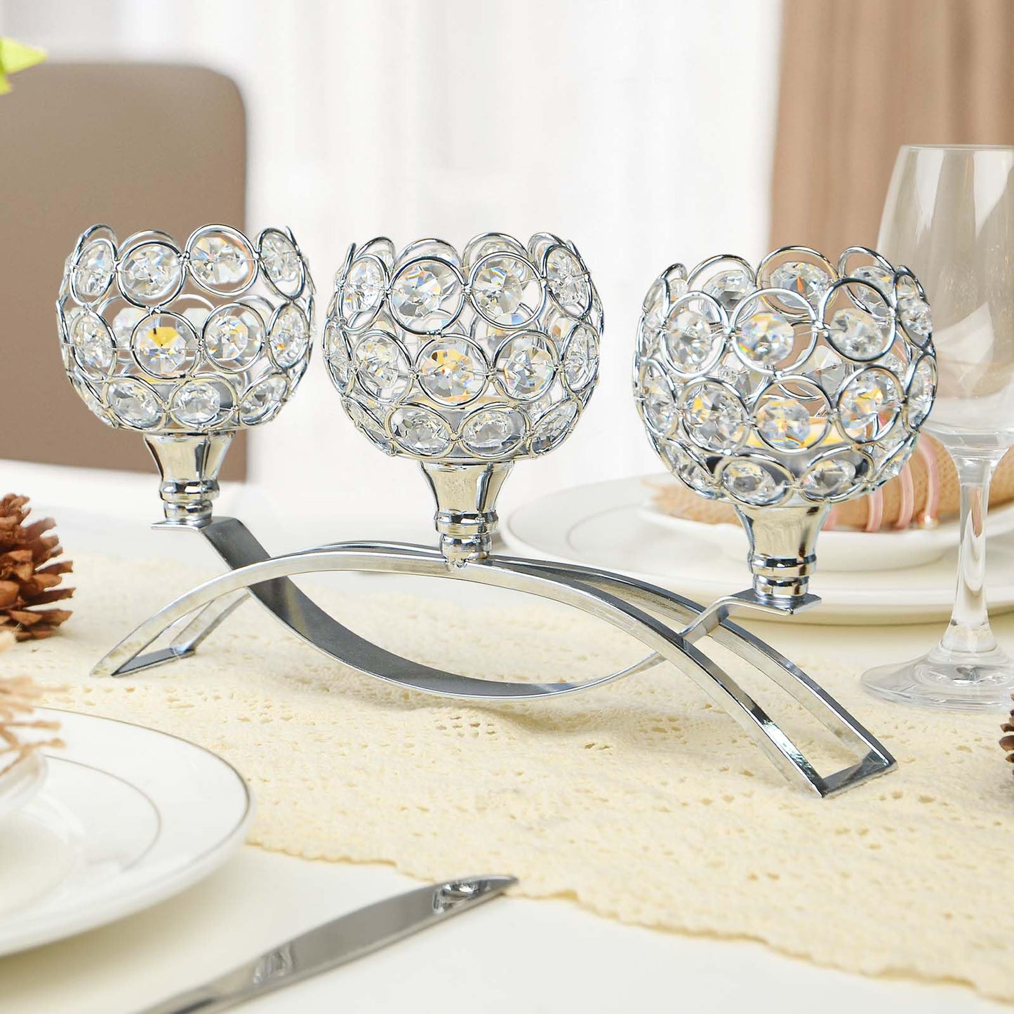 Crystal Tealight Candle Holder Centerpiece Home Decorative Candlestick Holder Elegant Table Centerpiece Home Decor Wedding Party Anniversary (Silver, 3 Arm)