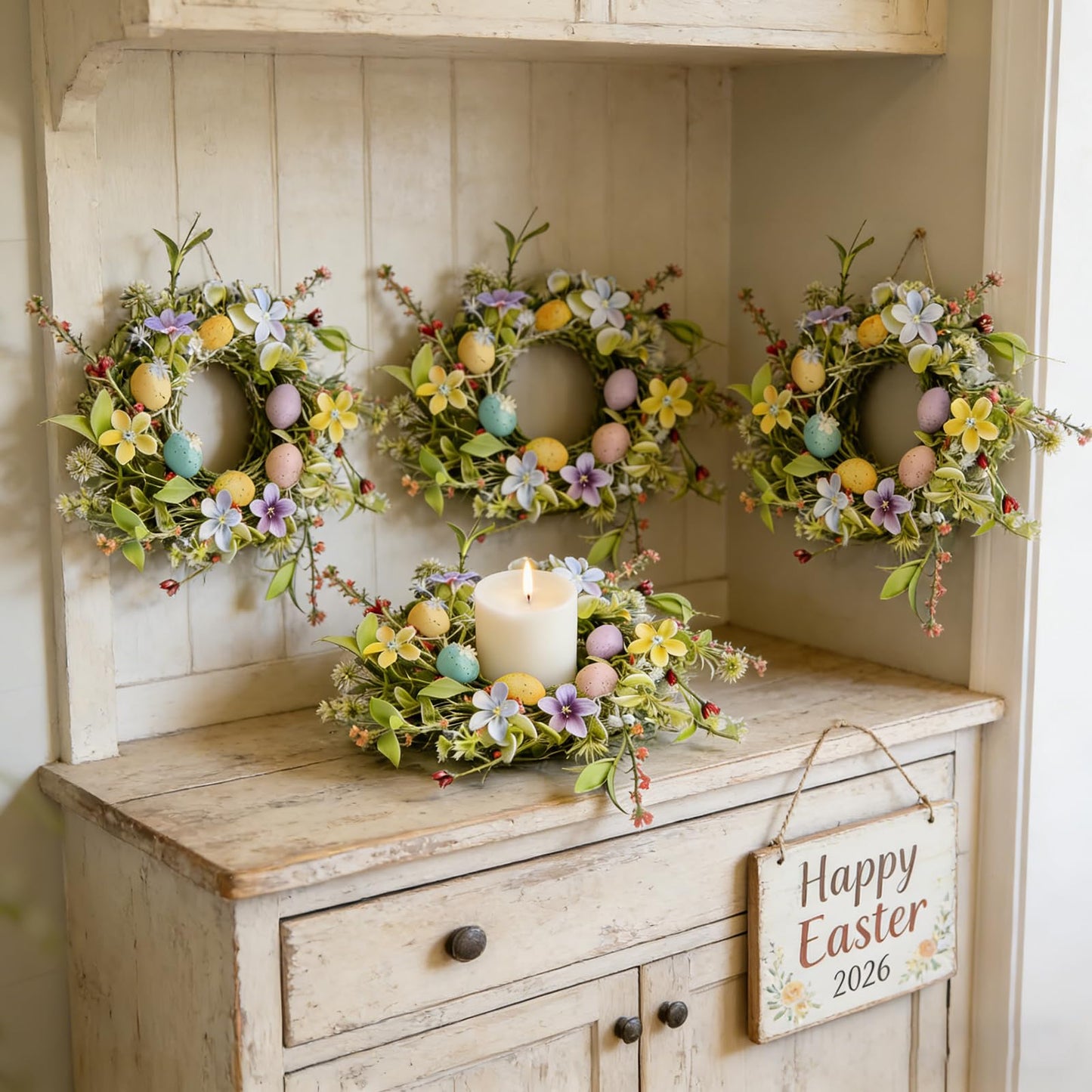 6 Pcs Easter Small Candle Rings Wreaths Mini Pillar Candle Holder Wreath with Eggs and Flowers Artificial Spring Pink Wreath for Home Kitchen Front Door Window Porch Wall Table Cnterpieces