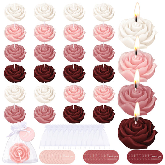 Treela 24 Setflower Candles Wedding Favor for Guests Mini Burgundy Rose Shaped Tealight Candles for Return Gift Wedding Birthday Bridal Shower Housewarming Party