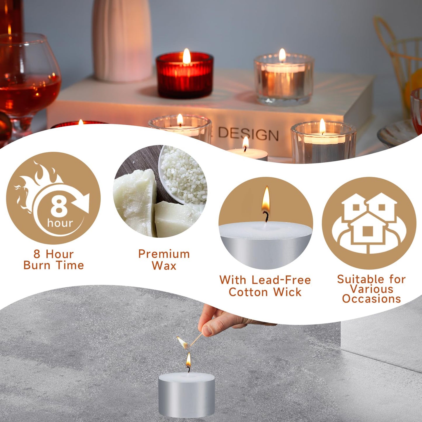 Yihurlm 50 Pack Tea Lights Candles, 8 Hours Long Burning Tealights Candle Bulk, Smokeless & Unscented Candles, White Tea Lights Candle for Shabbat Weddings Home Decor Table Centerpiece
