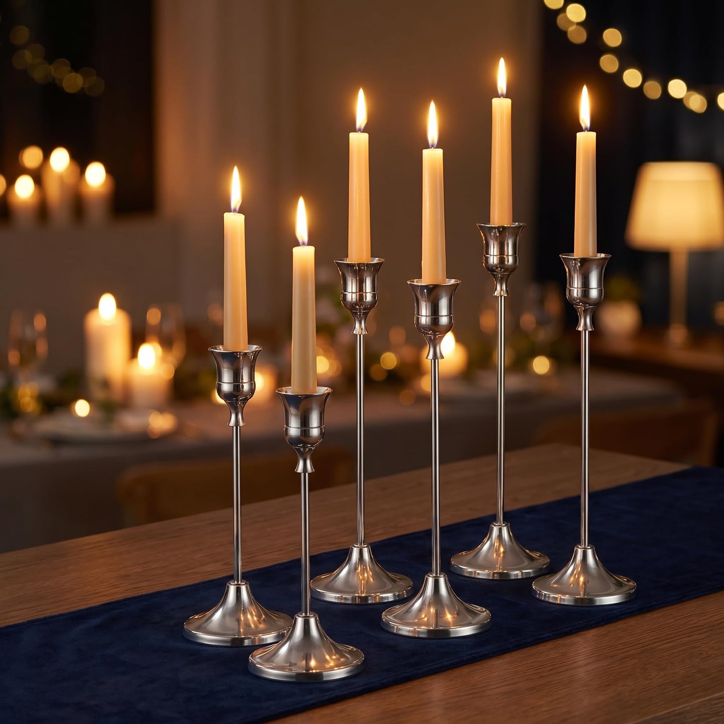 Oakernel Silver Taper Candle Holders 2 Sets(6 Pcs) - Tall Metal Candlestick Holders for Table Centerpiece, Formal Dinner, Wedding, Fireplace Mantel Decor, Fits 3/4 Inch Thick Candles