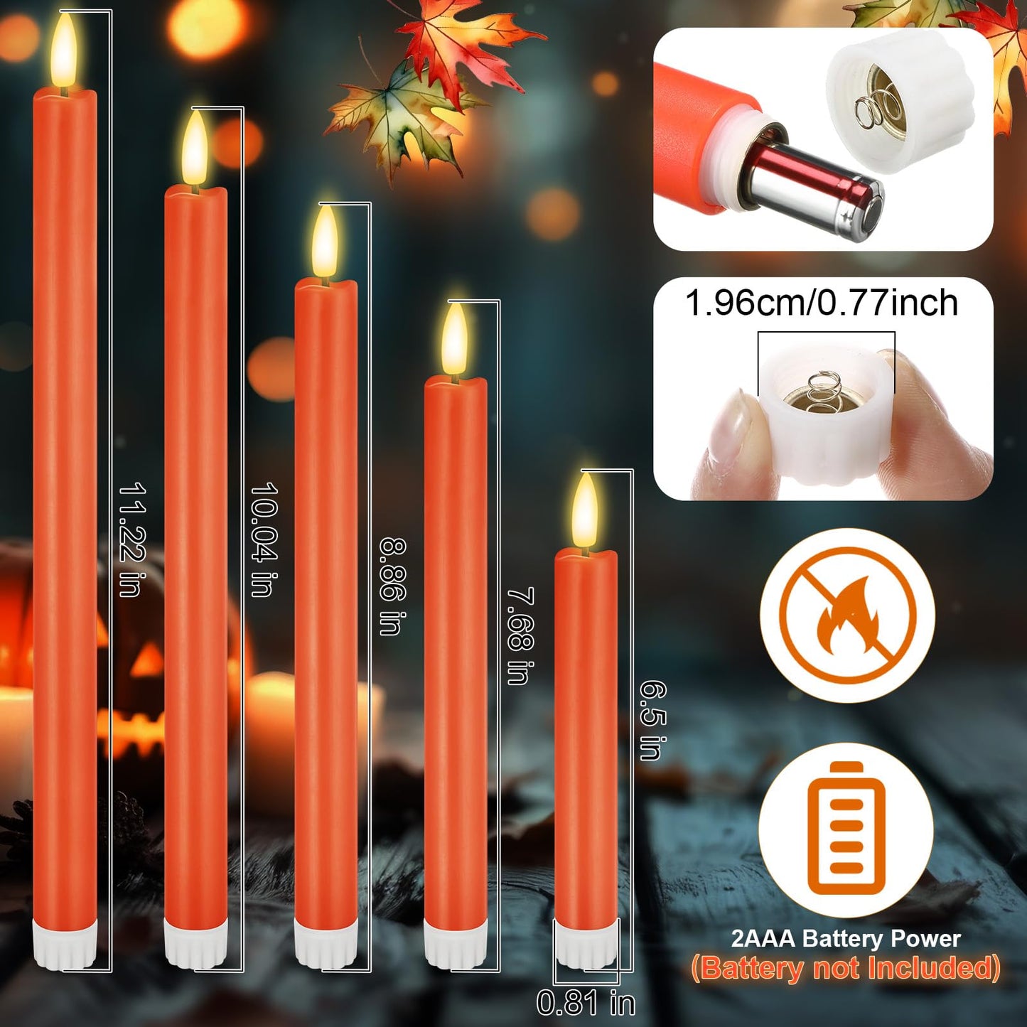 Rossesay 20 Pcs Flameless LED Taper Candles Battery Operated Taper Candles 5 Sizes of 6.5'', 7.7'', 8.8'', 10.0'', 11.2'' Flameless Candlesticks Flickering with 3D Flame for Wedding (Orange)