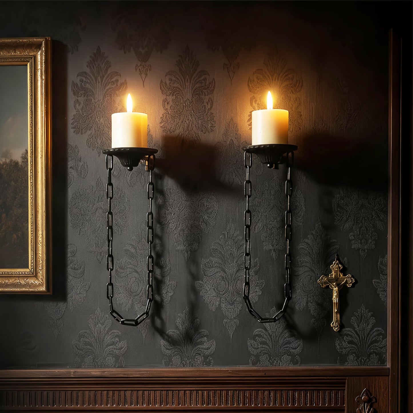 Candle Sconce(Set of 2)-Medieval Metal Wall Decorations-Gothic Retro Chain Wall Candle Sconces-Black Wall Sconces