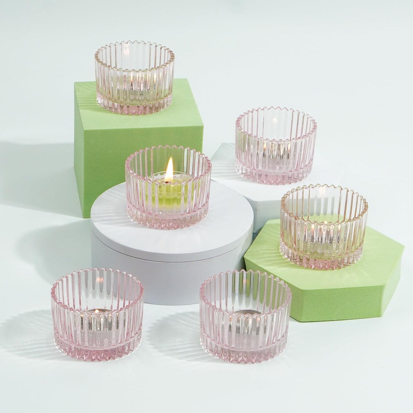 Jollyhilan 6 Pack Glass Candle Holder,Round Glass Candle Tray Ribbed Tealight Holders for Votives, Floating Candles Table Centerpieces Wedding Home Decor,Pink