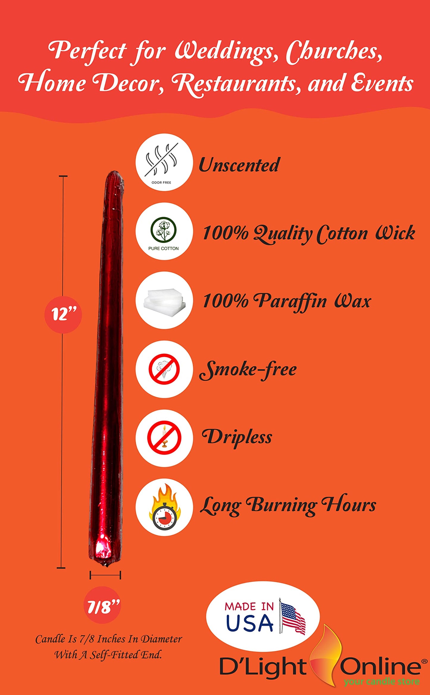 D'light Online Elegant 12" Unscented Metallic Red Taper Candles, Premium Quality Hand-Dipped Tapered Candles, Dripless and Smokeless - Set of 12 (12 Inch, Metallic Red)