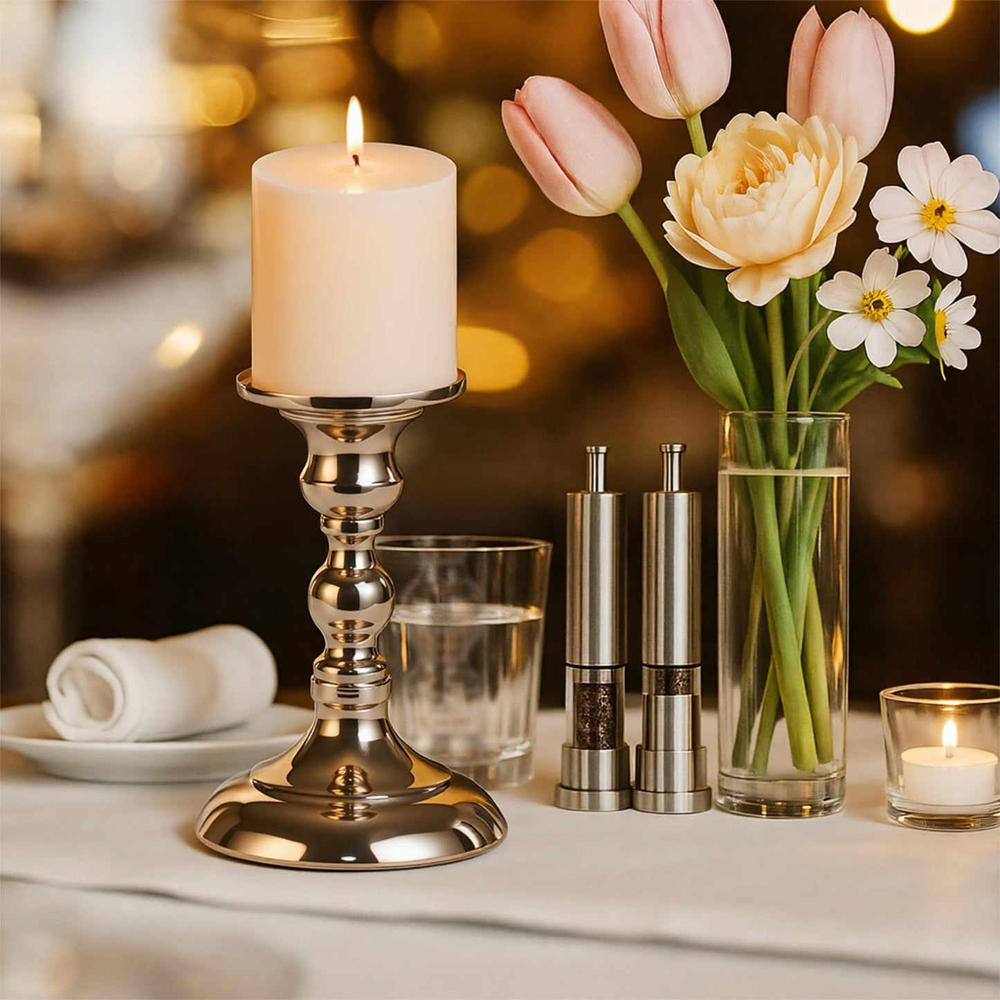 Pillar Candle Holder,Metal Candlestick Holders,Gold Tall Candlesticks for Wedding Theme Party Table Centerpiece Decor Dining Room Birthday Holiday (Candlestick 6216- Middle)