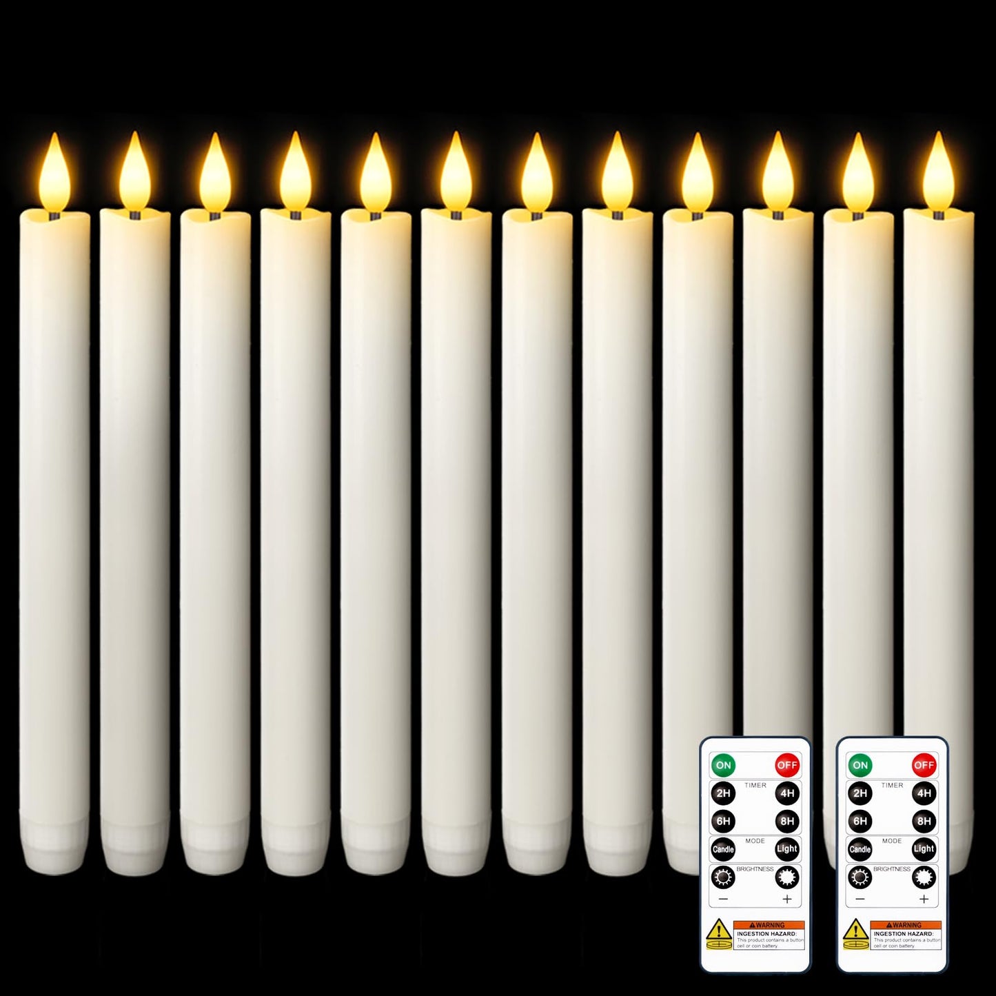 Homemory 12 Pcs Waxy Flameless Taper Candles with Remote, Flickering Battery Operated, LED Flameless Candlesticks, Classic Tall Taper Candles for Home, Wedding, Party, White, 9.6 inches