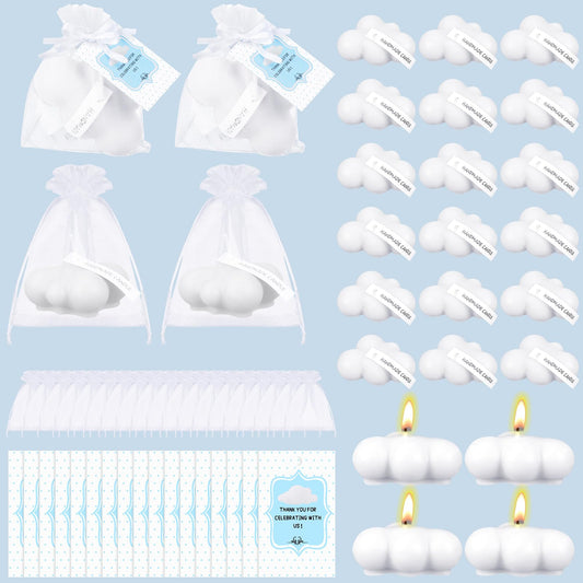 Treela 24 Sets Cloud Baby Shower Party Favors for Guests Small Tealight Candles Thank You Tags Return Gifts for Baby Shower Cloud 9 Theme Party Favor Decorations(Classic,White)
