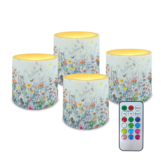 NETILGEN Colorful Flowers Flameless Candles with Remote Control Timer LED Pillar Candles Set of 4 Battery Operated Flameless Candles for Home Living Room Decor
