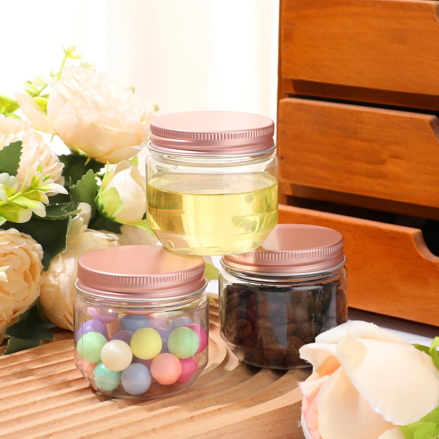 Tanlade 60 Pcs 3 oz Clear Plastic Jars with Lids Wide Mouth Mason Jars Mini Storage Containers Bulk for Herb Jelly Wedding Valentine Favors Shower Party Favors(Rose Gold)