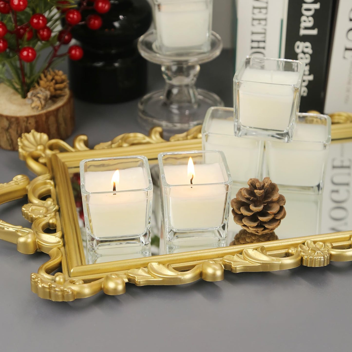 12 Pack White Small Square Glass Candles, Unscented Votive Candles, for Outdoor Dinner Party, Patio, Glamping Essentials, Outside