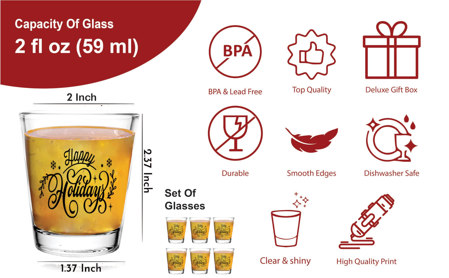 Bisyata Christmas Shot Glasses - Happy Holiday Print - Set of 2-2oz (Happy Holiday, Black Print - 2 Shots)