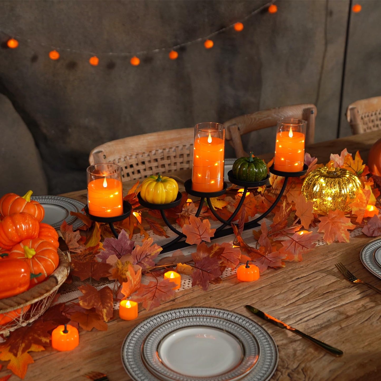 Homemory Halloween Orange Flameless Candles with String Lights, Battery Operated LED Candles with Remote and Timer, Candles for Halloween Decoration, Fall, Harvest Festival