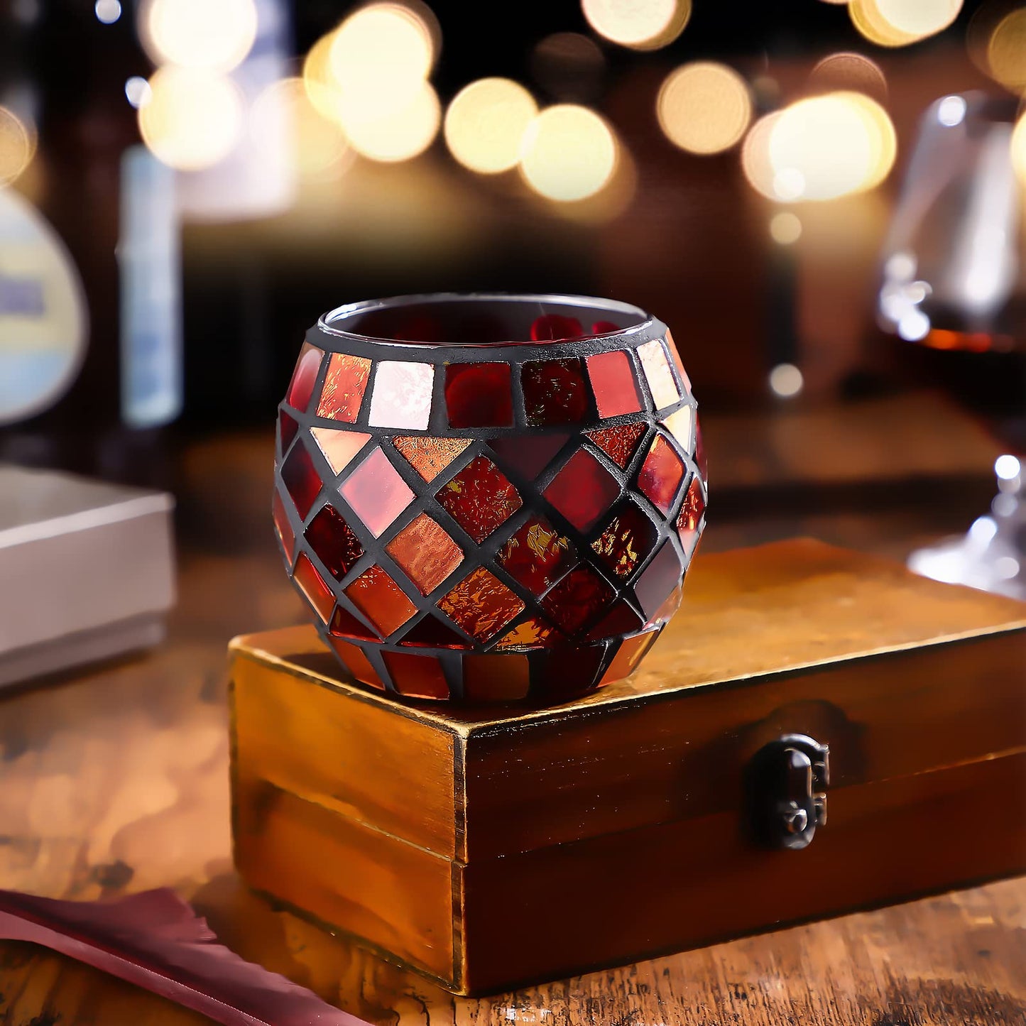 3.3" x 2.7" Valentines Day Votive Candle Holder for Tealight | Romantic Mosaic Tea Light Holder | Candle Lamp Aromatherapy Candlescape Bow | Valentines Day Table Centerpiece, Party Decor