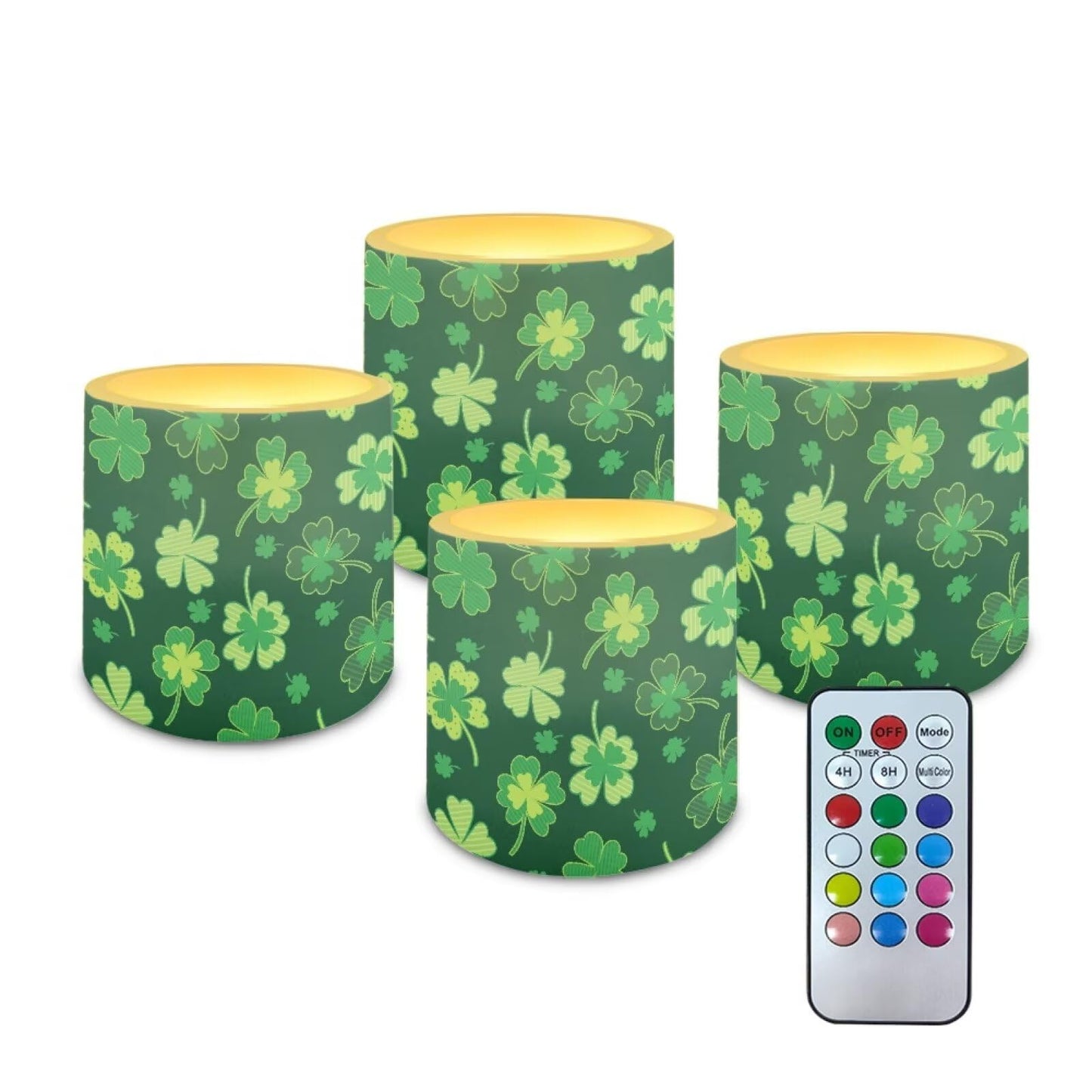 Merkmak St Paddy's Day Shamrocks Flameless Candles with Remote and Timer Battery Operated Flameless LED Pillar Candles for Party, Banquet, Home Decoration Battery Tealights