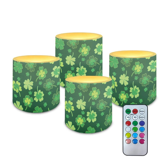 Merkmak St Paddy's Day Shamrocks Flameless Candles with Remote and Timer Battery Operated Flameless LED Pillar Candles for Party, Banquet, Home Decoration Battery Tealights