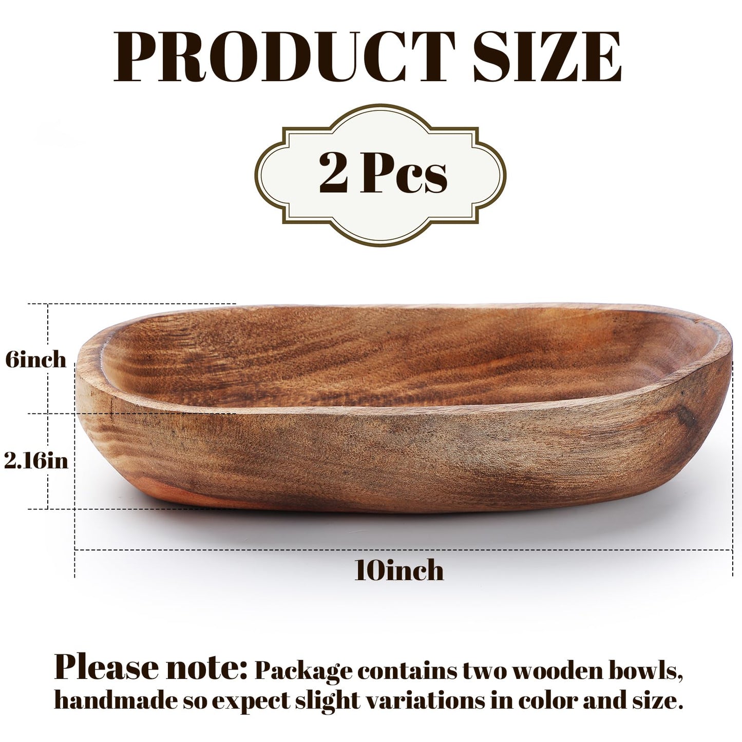 2 Pcs Wooden Dough Bowls for Decor Oblong Decorative Bowl Home Decor Fruit Vessel for Kitchen Counter Rustic Carved Serving Container Long Wooden Bread Tray for Dining Room Table(10 x 6 x 2 Inch)