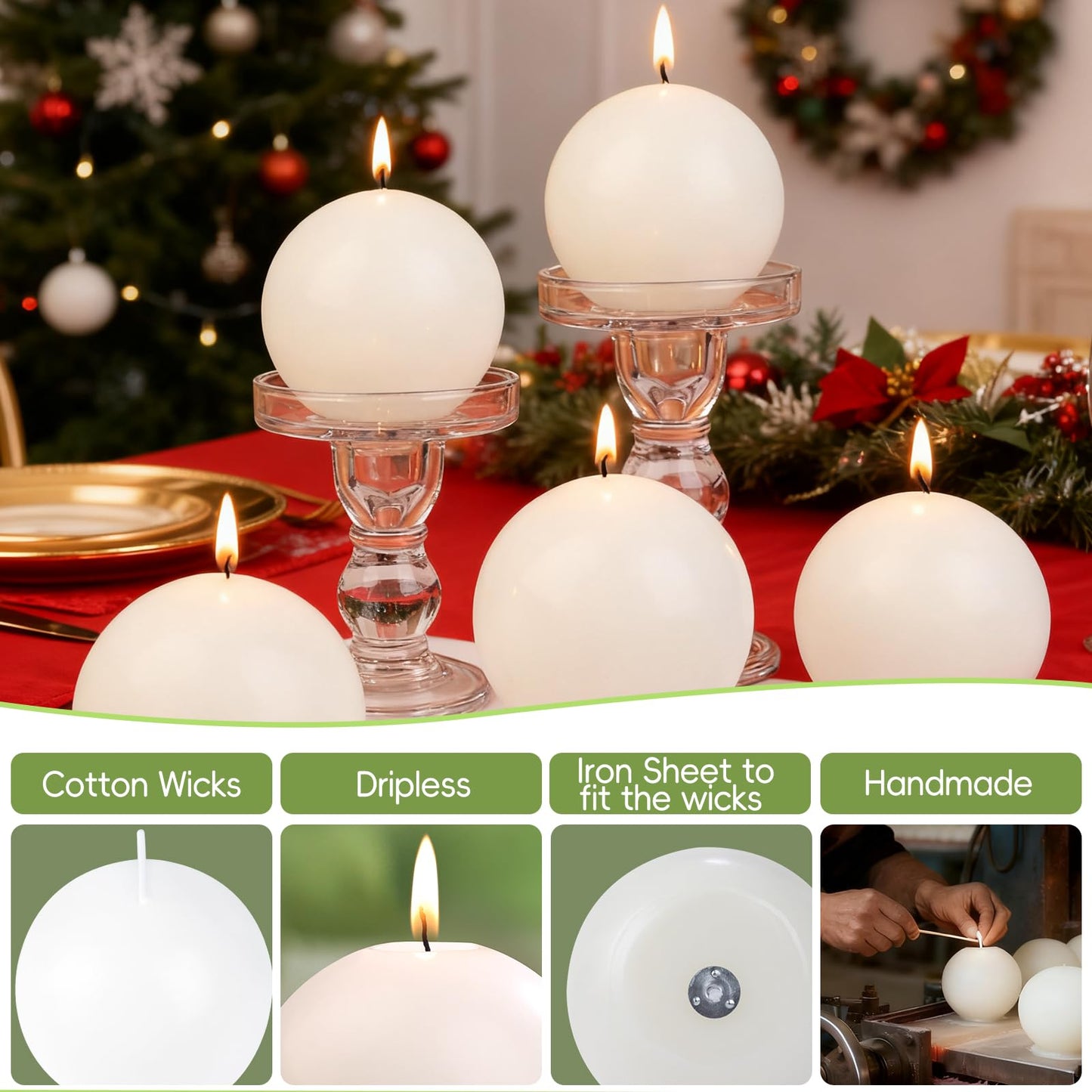 3 Inch Green Round Ball Candles,Elegant Round Pillar Candles,Hand-Poured Natural Soy Candles,26 H Long Burning Time-Dripless Smokeless Candle Dinner Table,for Wedding,Christmas Home Decor 4 Pack
