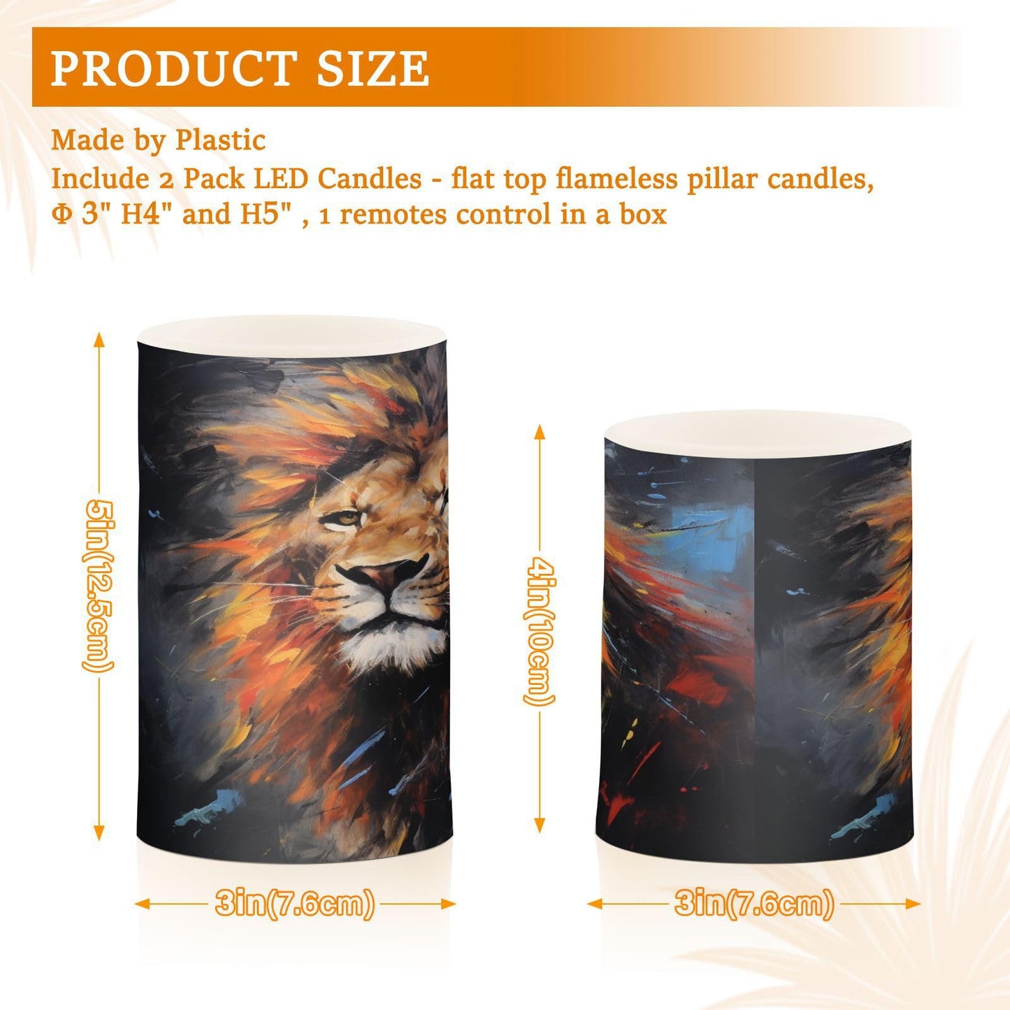 Lights Flameless Candles Painting Lion Pillar Candles Set of 2 Battery Operated Remote Control Warm Lights Home Decor
