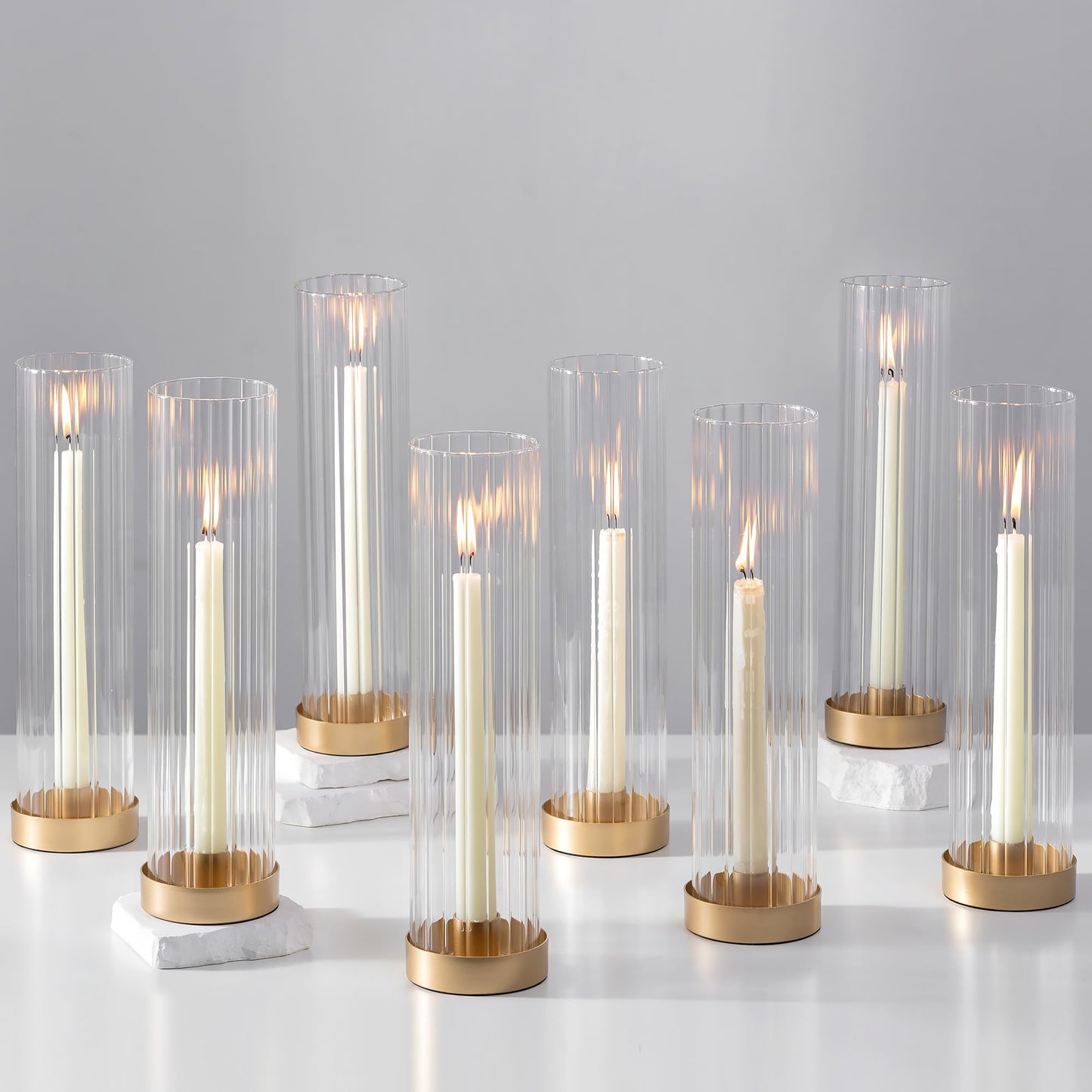 Hewory Hurricane Glass Candle Holders: Set of 8 Gold Candlestick Holders with 11" Tall Clear Cylinder Hurricane Cover, Taper Candle Holder for Wedding Table Centerpiece Party Christmas Home Decor