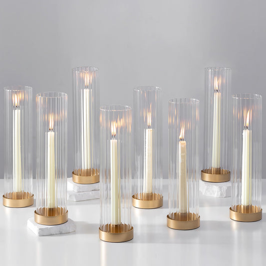 Hewory Hurricane Glass Candle Holders: Set of 8 Gold Candlestick Holders with 11" Tall Clear Cylinder Hurricane Cover, Taper Candle Holder for Wedding Table Centerpiece Party Christmas Home Decor