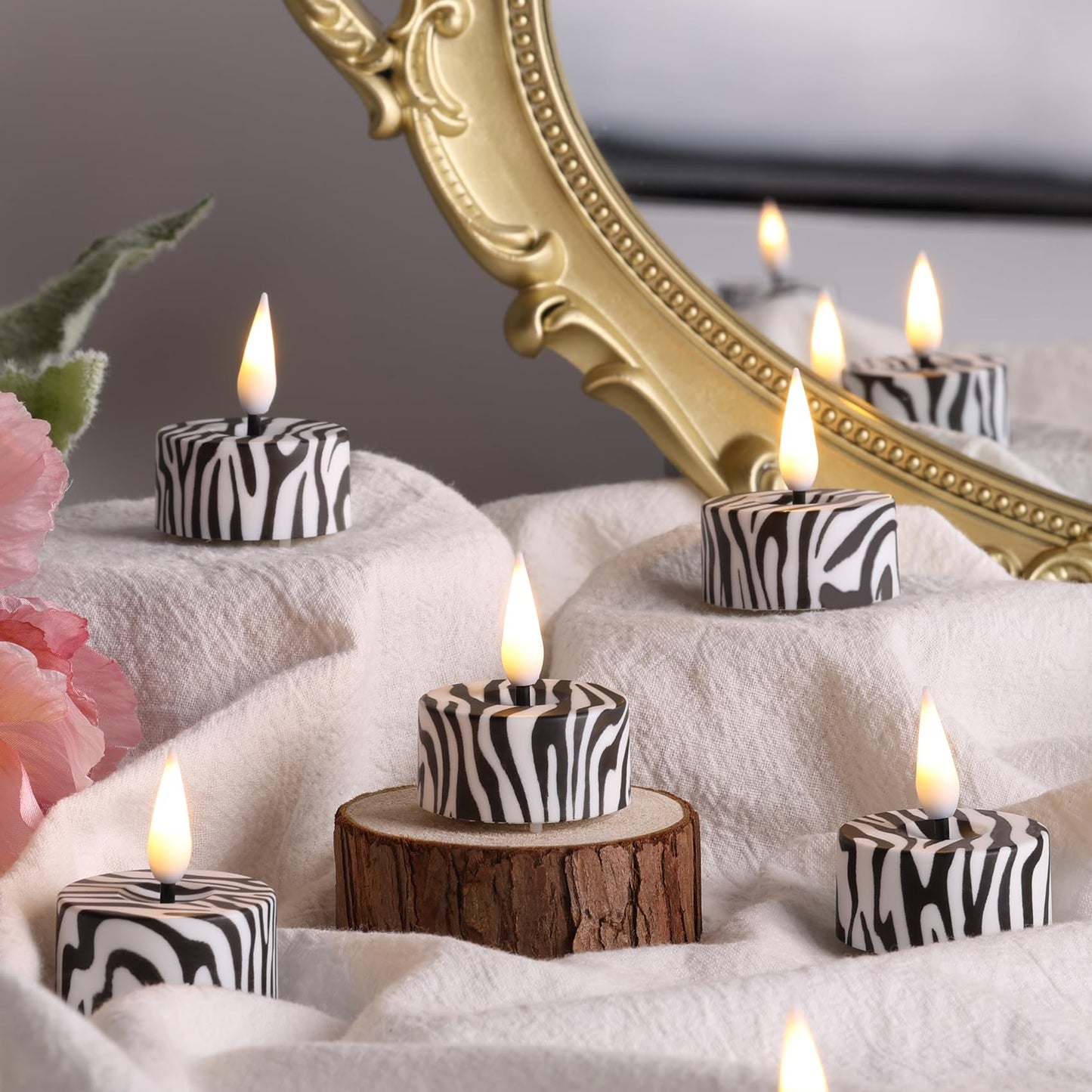 Eywamage Zebras Animal Pattern Flameless Tealights with Remote Batteries, Flickering LED Tea Votive Candles Set of 12