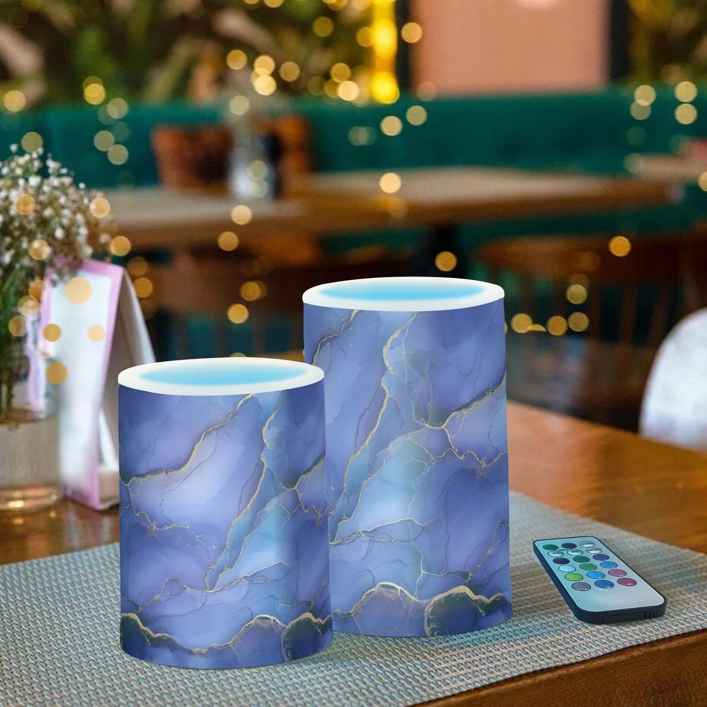 zyrtty 2 Pack Plastic Flameless Candles Gold Blue Purple Wild Marble Battery Operated with Remote and Timer Real Wax LED Flickering Pillar Candles Set Window Christmas Holiday Decor