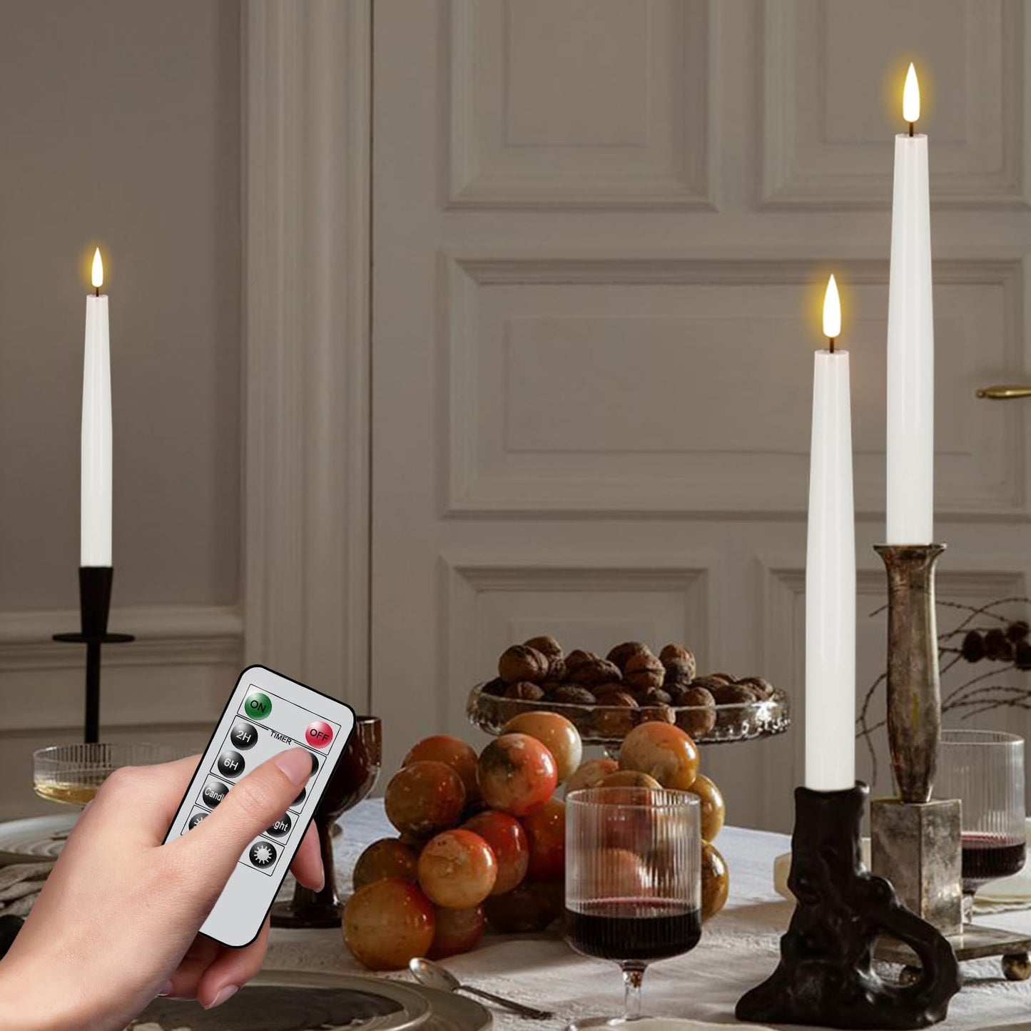 GenSwin Flameless Taper Candles, LED Taper Candles Battery Operated with Remote Timer, Set of 2 Real Wax White Flameless Candlesticks with 3D Flame for Home Weddin Party Holiday Decor (0.78” x 9.84”)