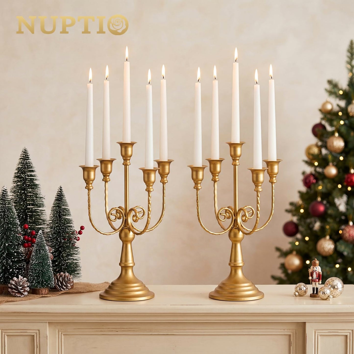 NUPTIO Gold Candelabras Candle Holder Set of 2 Metal Candelabra Centerpieces 5 Branches Candle Stick Stands Candleholder Fireplace Wedding Reception Antique Decorative Dinning Table Christmas