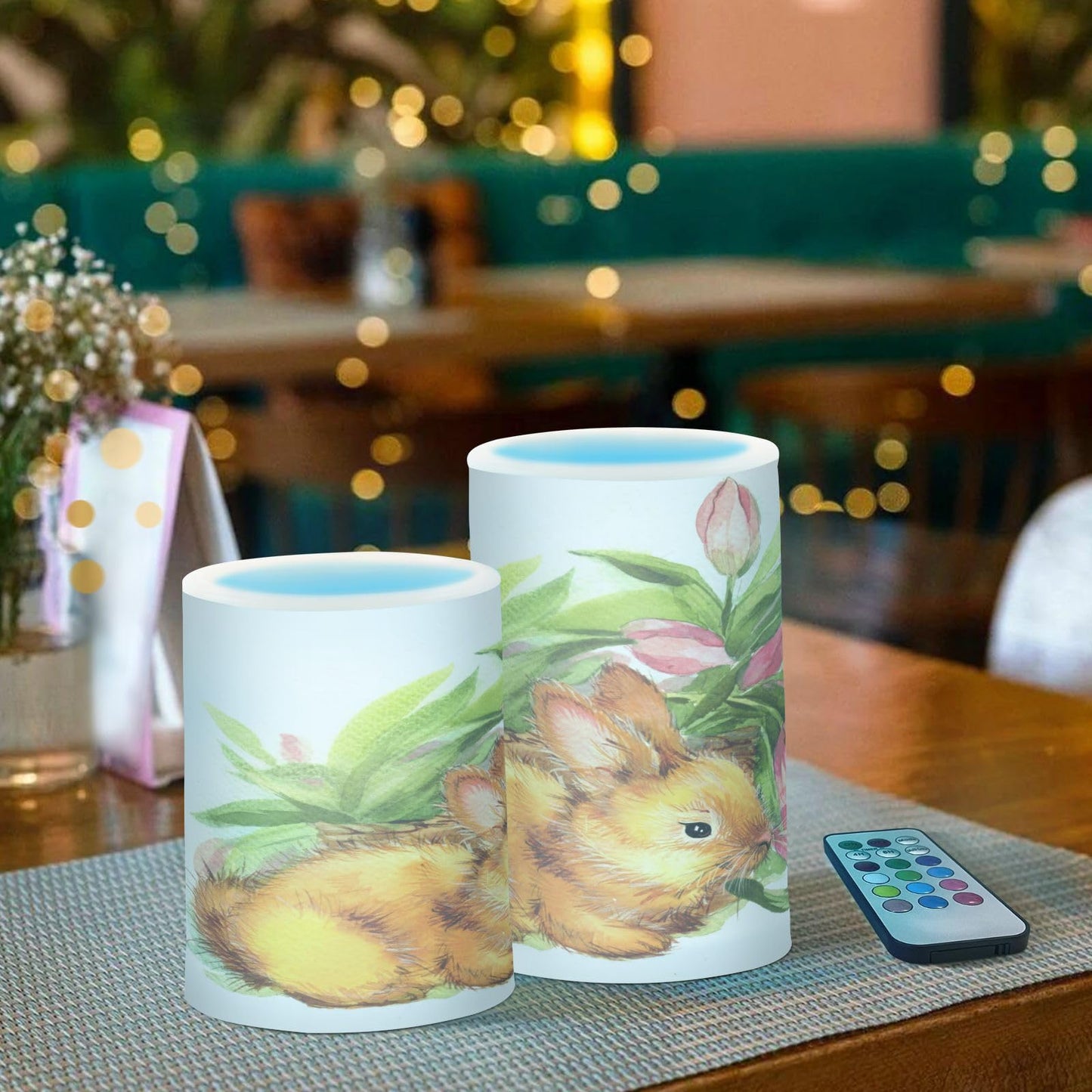 ALAZA Easter Funny Bunny Tulip Flowers Spring Flickering Flameless Candles Battery Operated with Remote Timer,Tea Light Candles LED Pillar Votive Candles Set of 2 for Outdoor Indoor Decorations