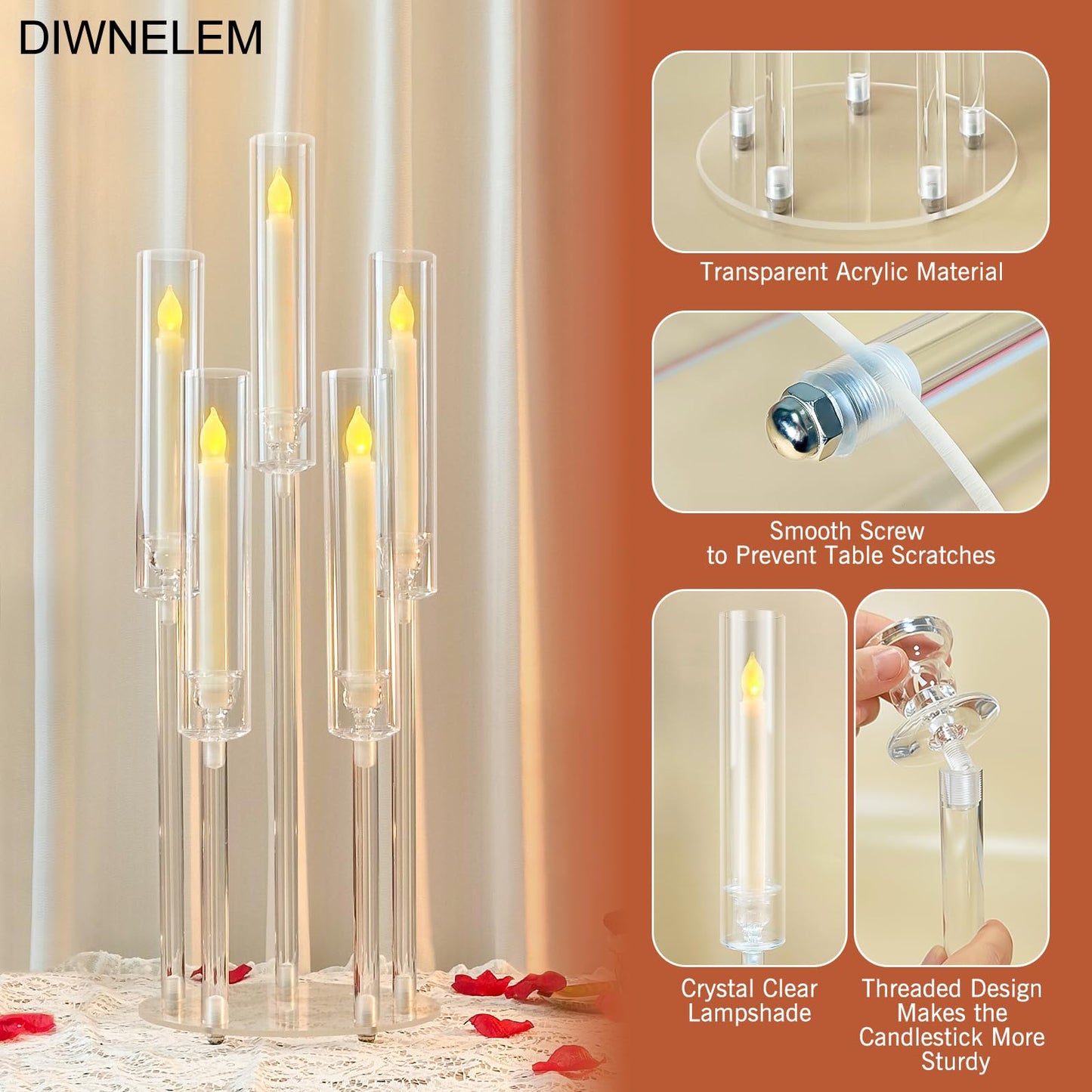 DIWNELEM 4Pcs Acrylic Candelabra Centerpieces for Wedding 5 Arm Clear Candle Candlesticks Holders 25.5" Tall Crystal Taper Candlestick with Shade Fit 0.87'' Led Candle for Christmas Party Home Decor