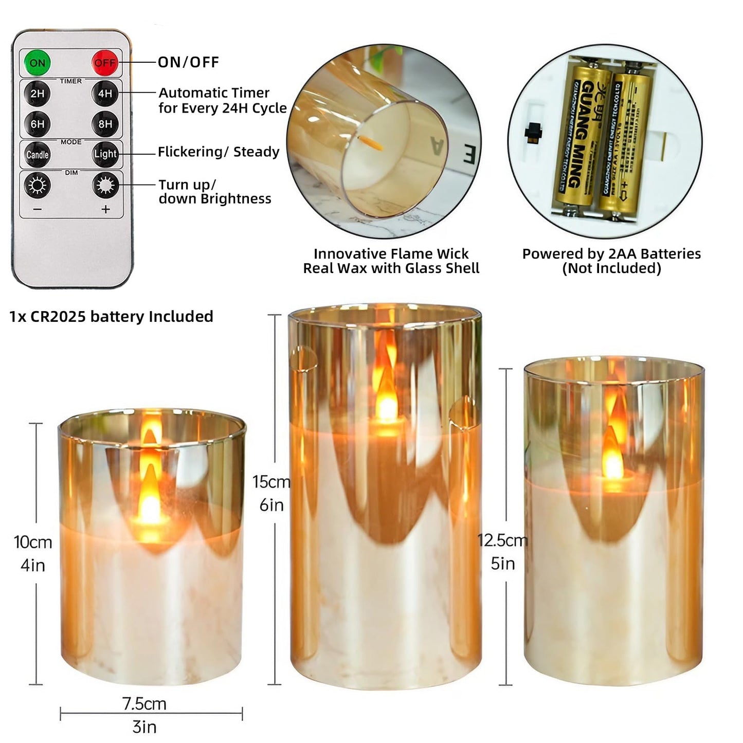 NICEME Radiance Evanescing Flameless Candles with Remote, 3 Pack Glass Battery Operated Candles with Timer, Real Wax Glass LED Candles Flickering Wedding Home Party Christmas D3 x H4 5" 6" Gold