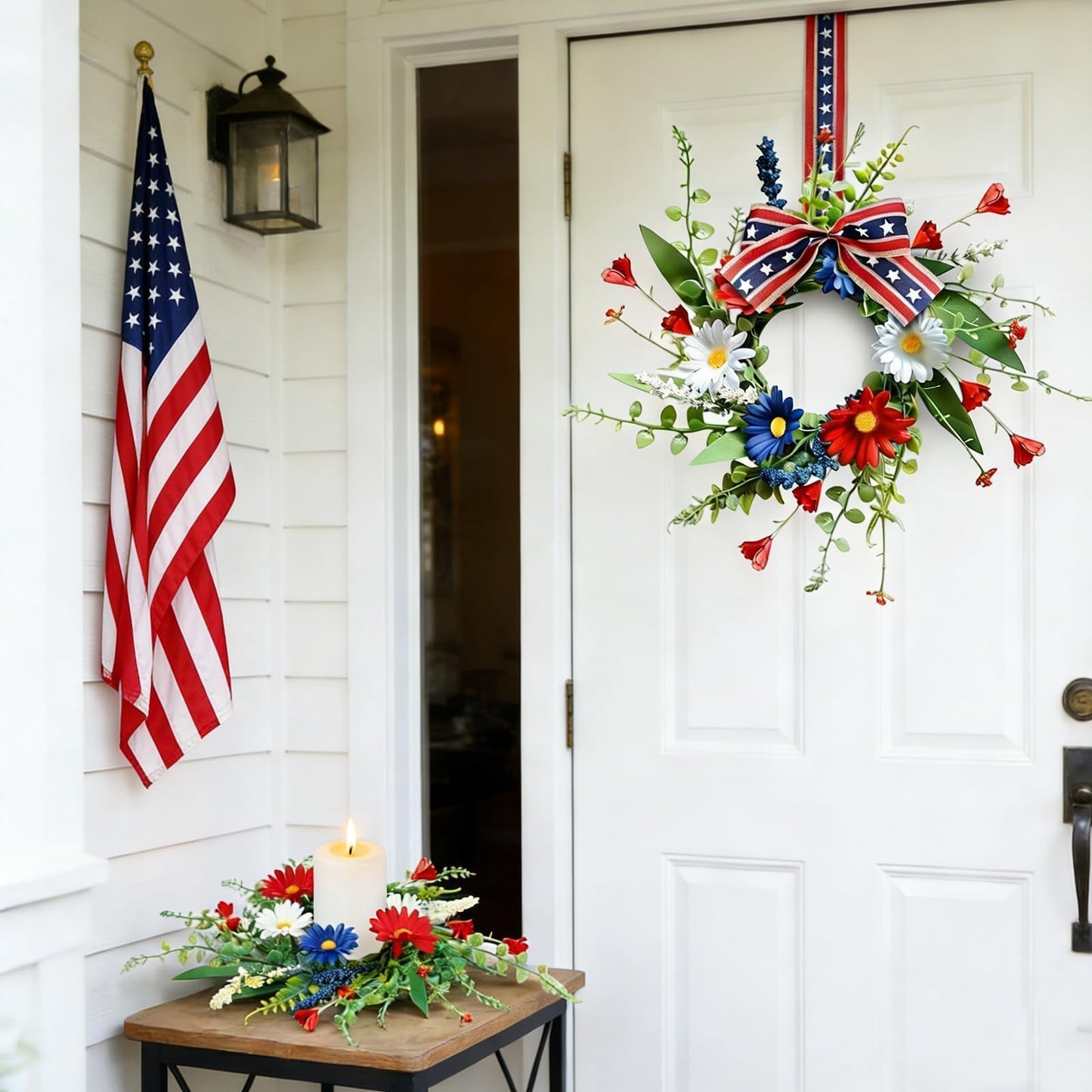 4 Pcs Mini Patriotic American Kitchen Cabinet Wreaths Small 4th of July Floral Swag Wreath for Front Door with Ribbon Daisy July Independence Day Hanging Wreath for Porch Wall Farmhouse Decor