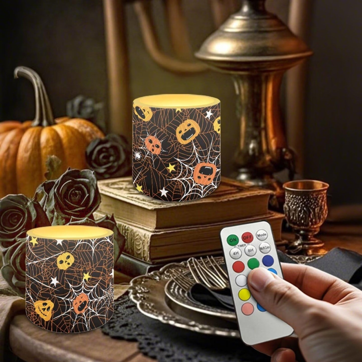 Merkmak 4 Pack Halloween Flickering Flameless Candles with Timers Battery Operated LED Candles with Remote Tea Lights for Trick or Treat Party Home Decorations, Pumpkin Spider Web