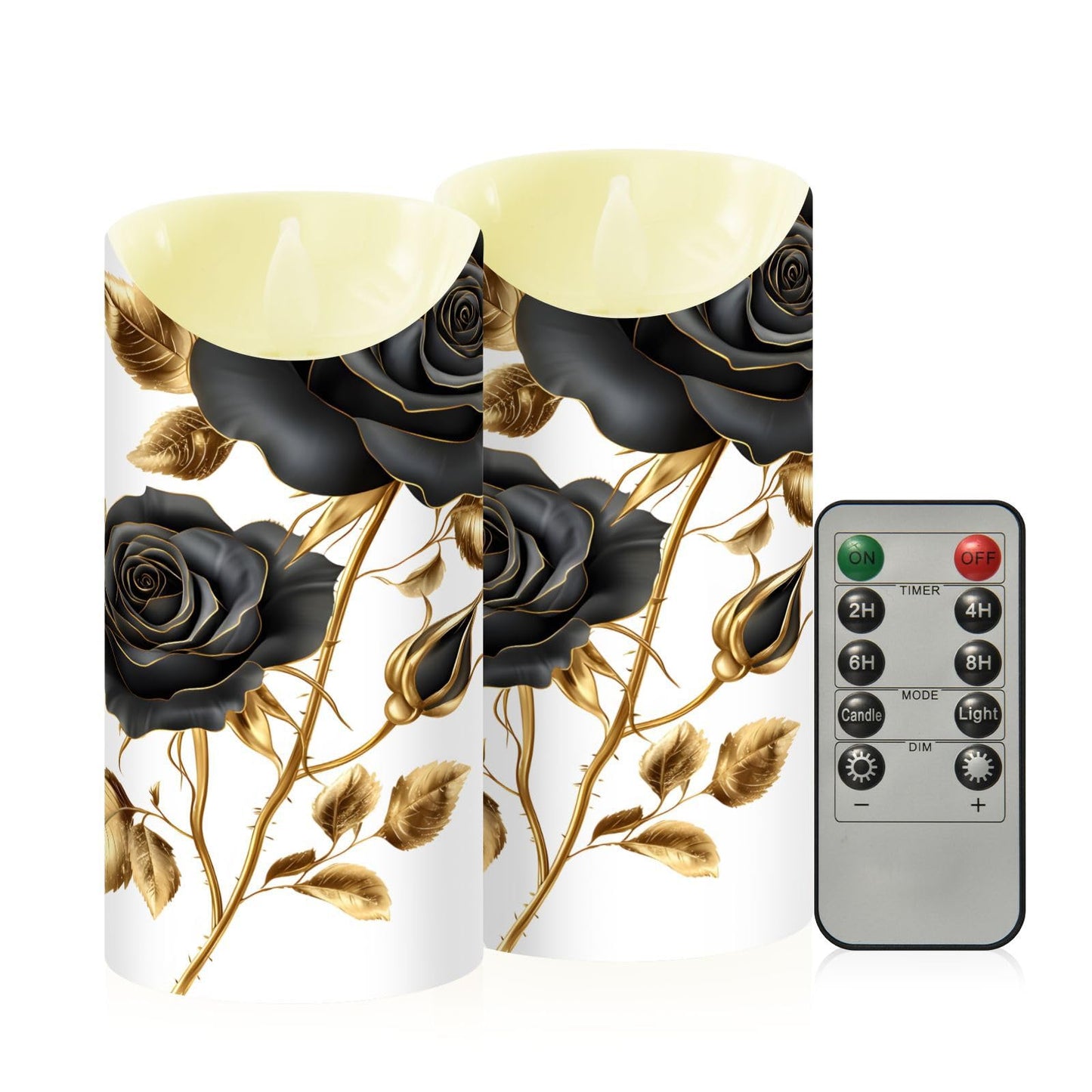ALAZA Black Roses Gold Leaves Flickering Flameless Candles Battery Operated with Remote Timer,Tea Light Candles LED Pillar Votive Set of 2 for Outdoor Indoor Decorations 3" x5.9"