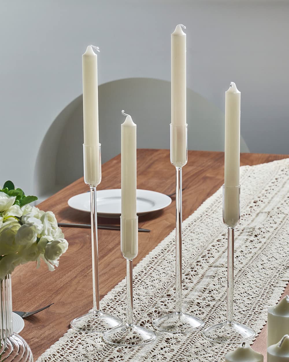 Willceka Candle Holder, Glass Taper Candle Tall Candlestick Holder, 4 Different Heights, for Table Centerpiece, Wedding, Party, Clear, 4pcs