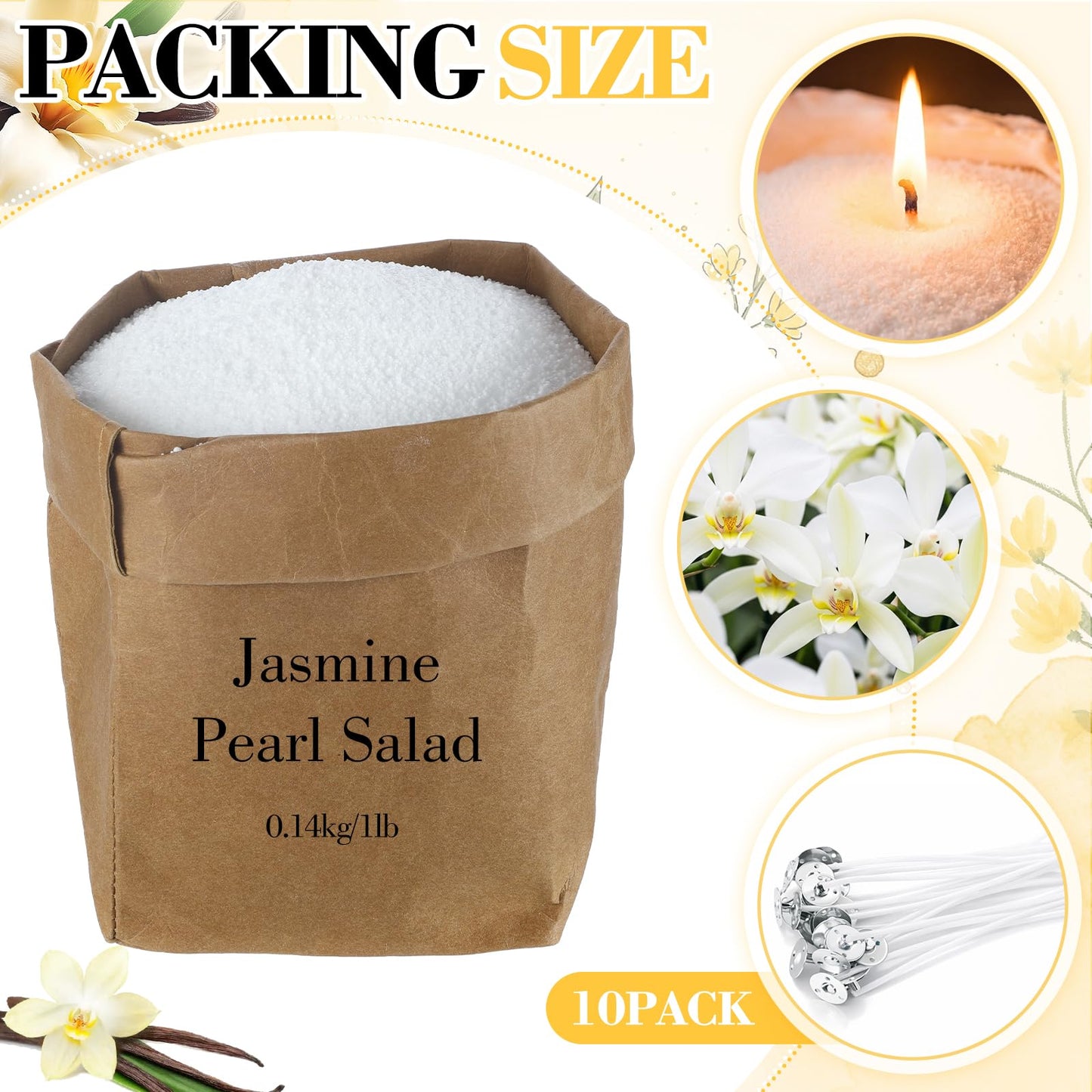 Conelist 1lb Vanilla Pearled Candle Sand Wax Set Customized Powder Making Candles Refill Kit Palm Wax All Natural Non Toxic with 10 Wicks for Gifts DIY Making