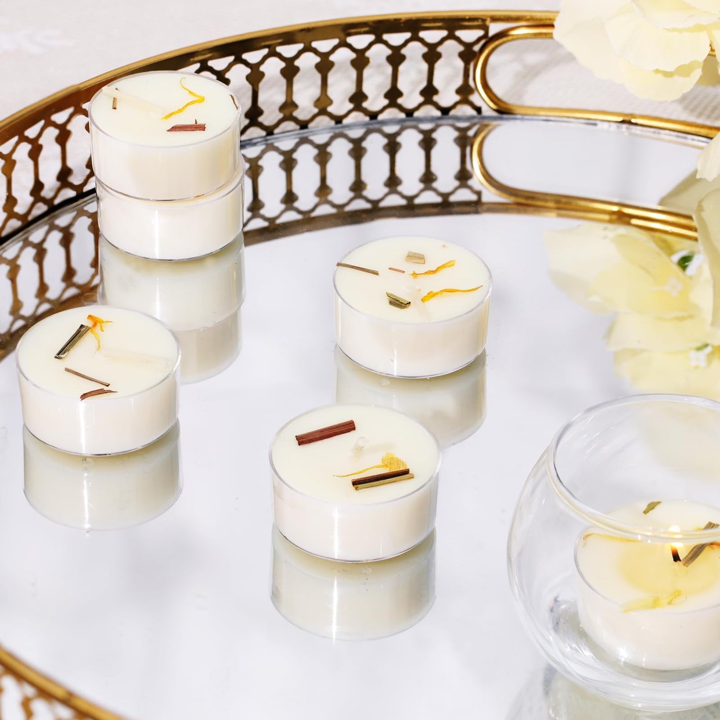48Pcs Citronella Scented Tealight Candles, Palm Wax White Tea Lights, 4h Long Burning Tea Light Candles with Dried Flowers for Holiday, Wedding, Spa, and Home Decoration