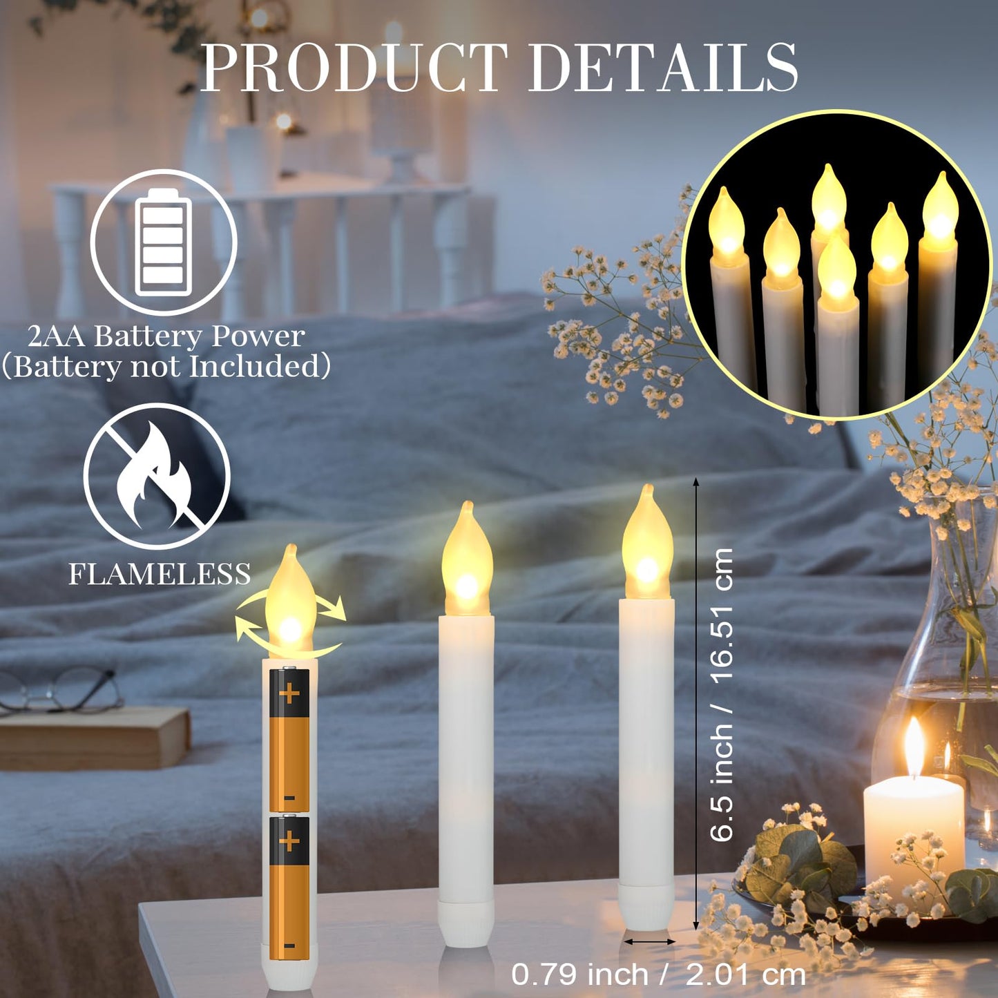Macarrie 108 Pieces Flameless LED Taper Candles Battery Operated Candles, Flickering Light Electric Handheld Candlesticks, Halloween Christmas Church Party Weddings Decoration(White, Warm White Light)