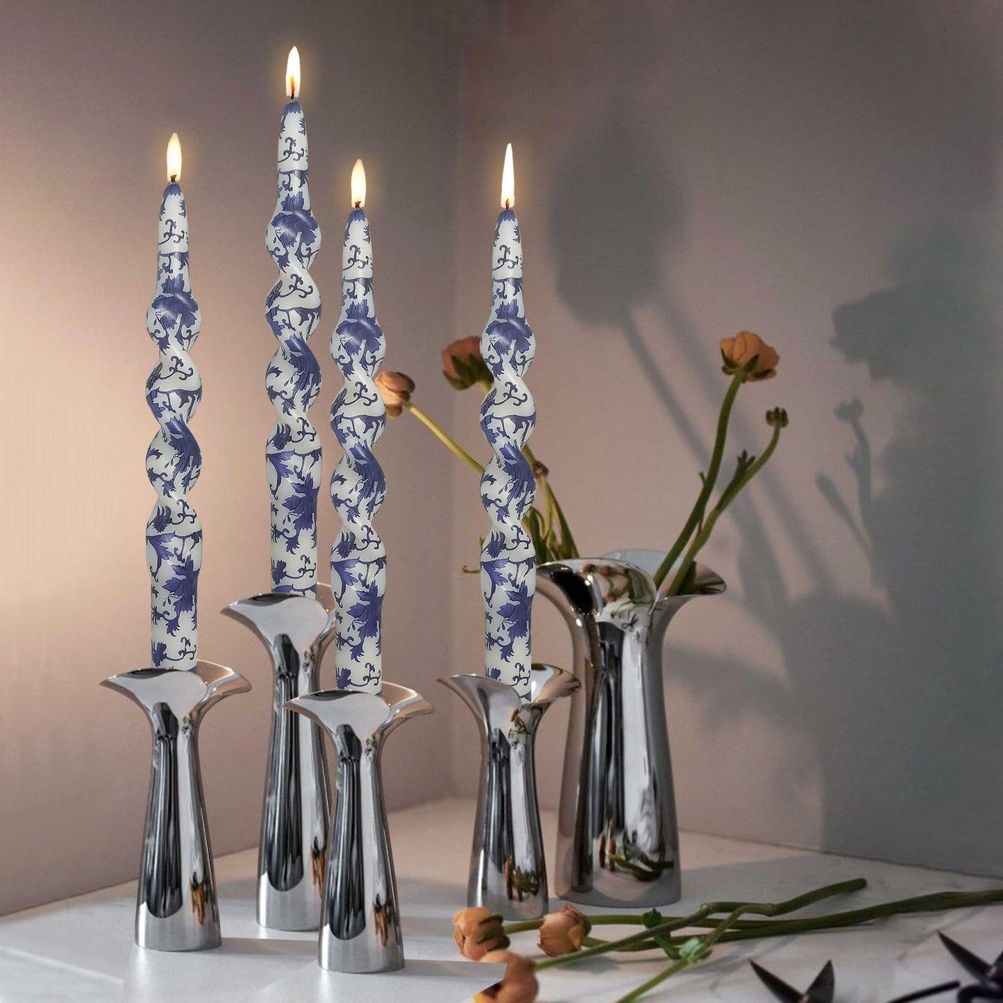 Unscented Floral Taper Candle Spiral Candlesticks - Set of 4 Blue and White Handmade Twisted Candle 10 Inch Long Print Tapered Candles for Home Wedding Dinner